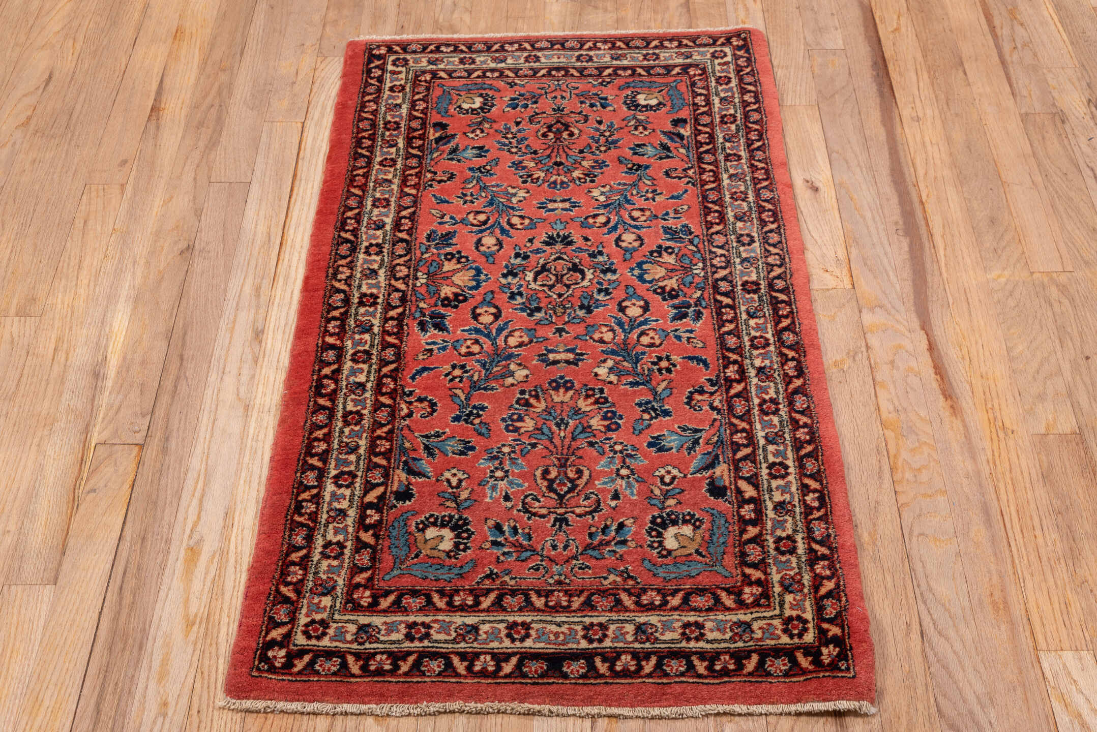 2' x 4' one-of-a-kind handmade vintage Kashan small size rug. Color palette: black, blue, brown, gray, orange, pink, red