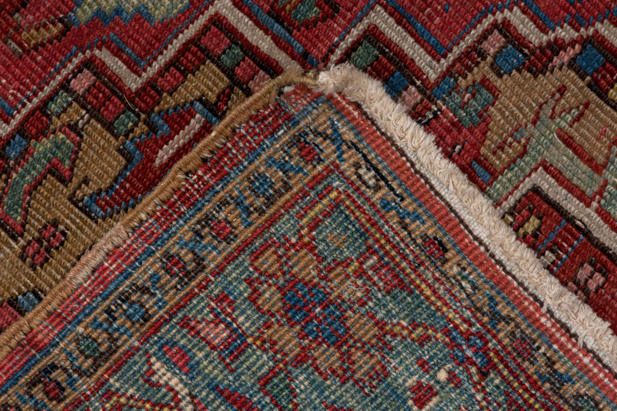 6' x 8' one-of-a-kind handmade antique Heriz medium size rug. Color palette: rust, sage, ivory, navy, rose, taupe, slate