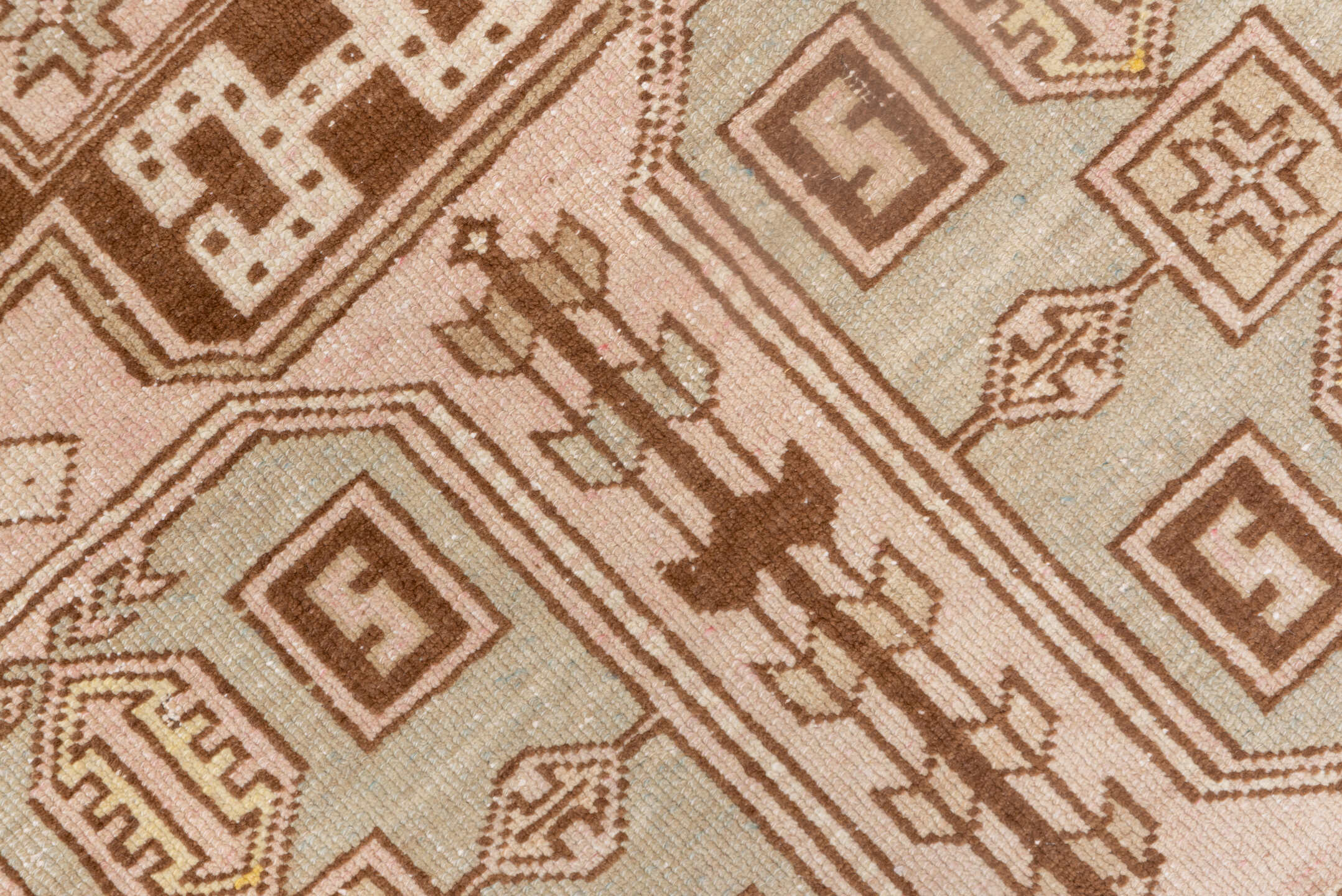 4' x 6' one-of-a-kind handmade antique Trans Caucasian small size rug. Color palette: ivory, taupe, brown, gold, beige, gray
