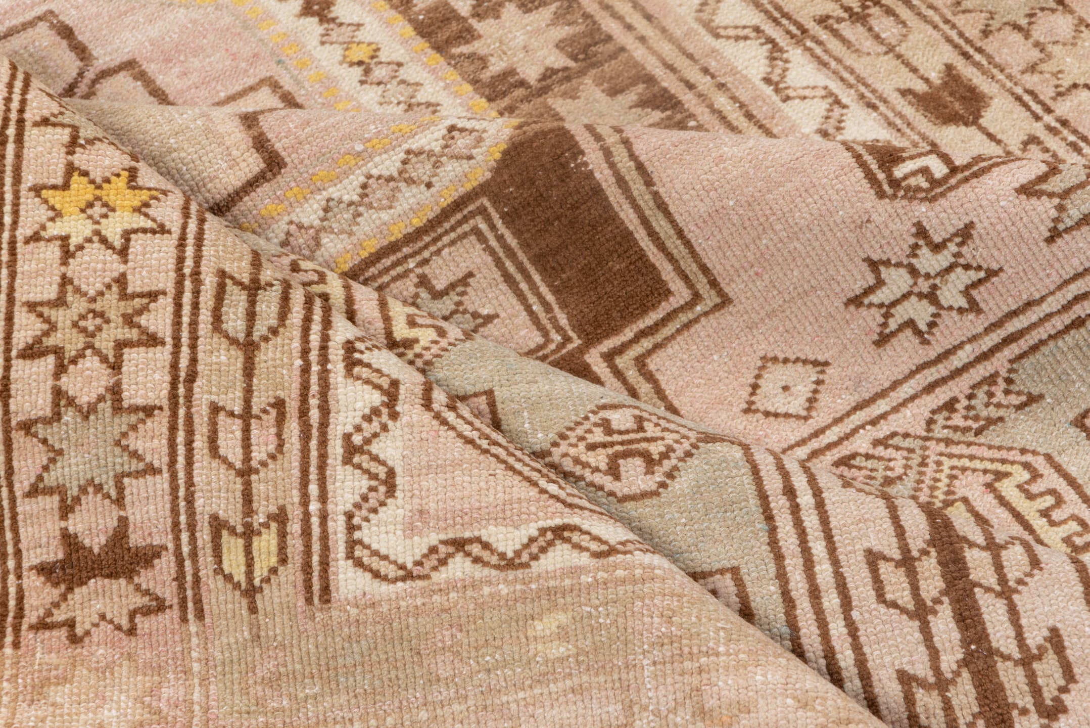 4' x 6' one-of-a-kind handmade antique Trans Caucasian small size rug. Color palette: ivory, taupe, brown, gold, beige, gray