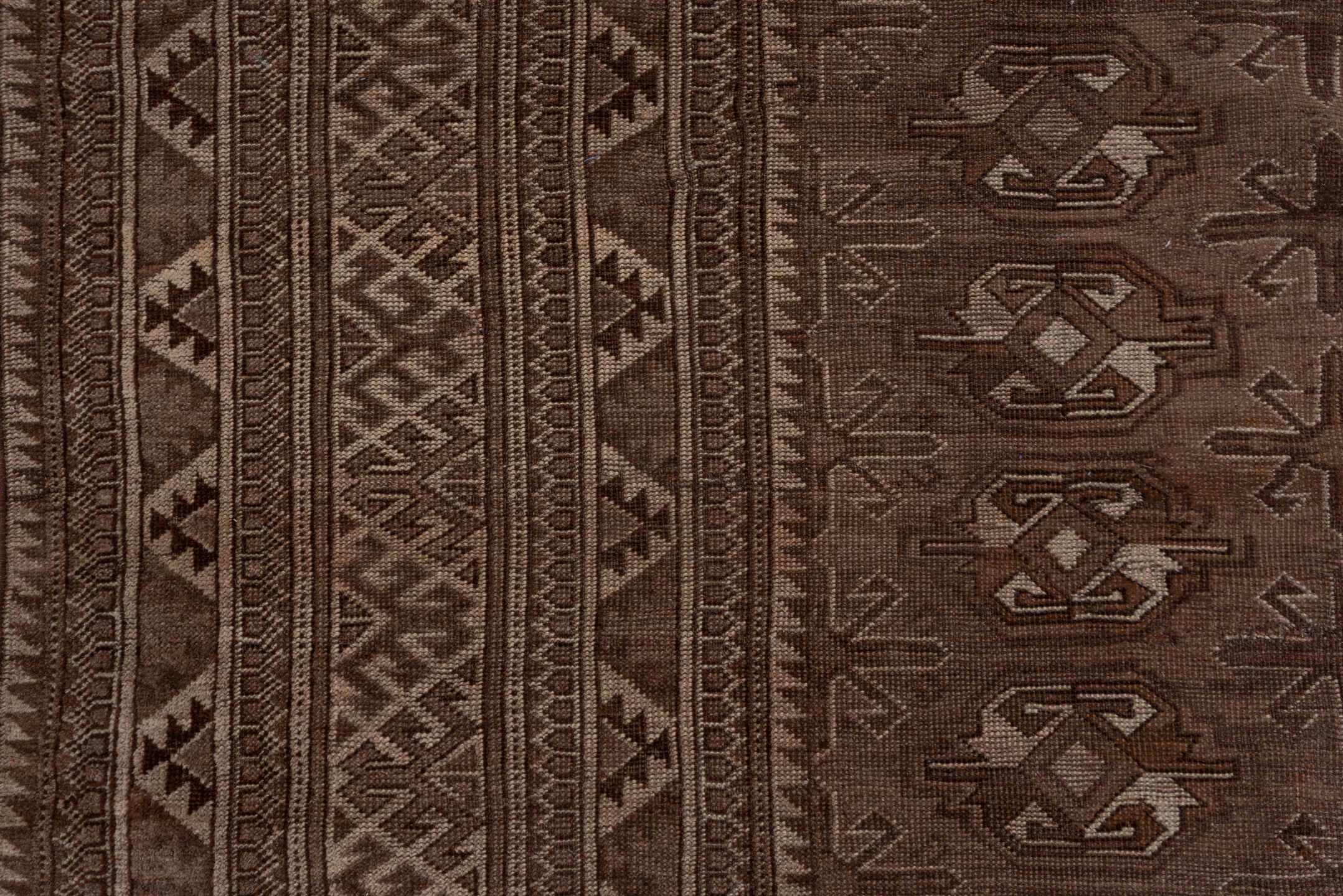 8' x 12' one-of-a-kind handmade antique Afghan large size rug. Color palette: brown, taupe, charcoal, camel, ivory, beige