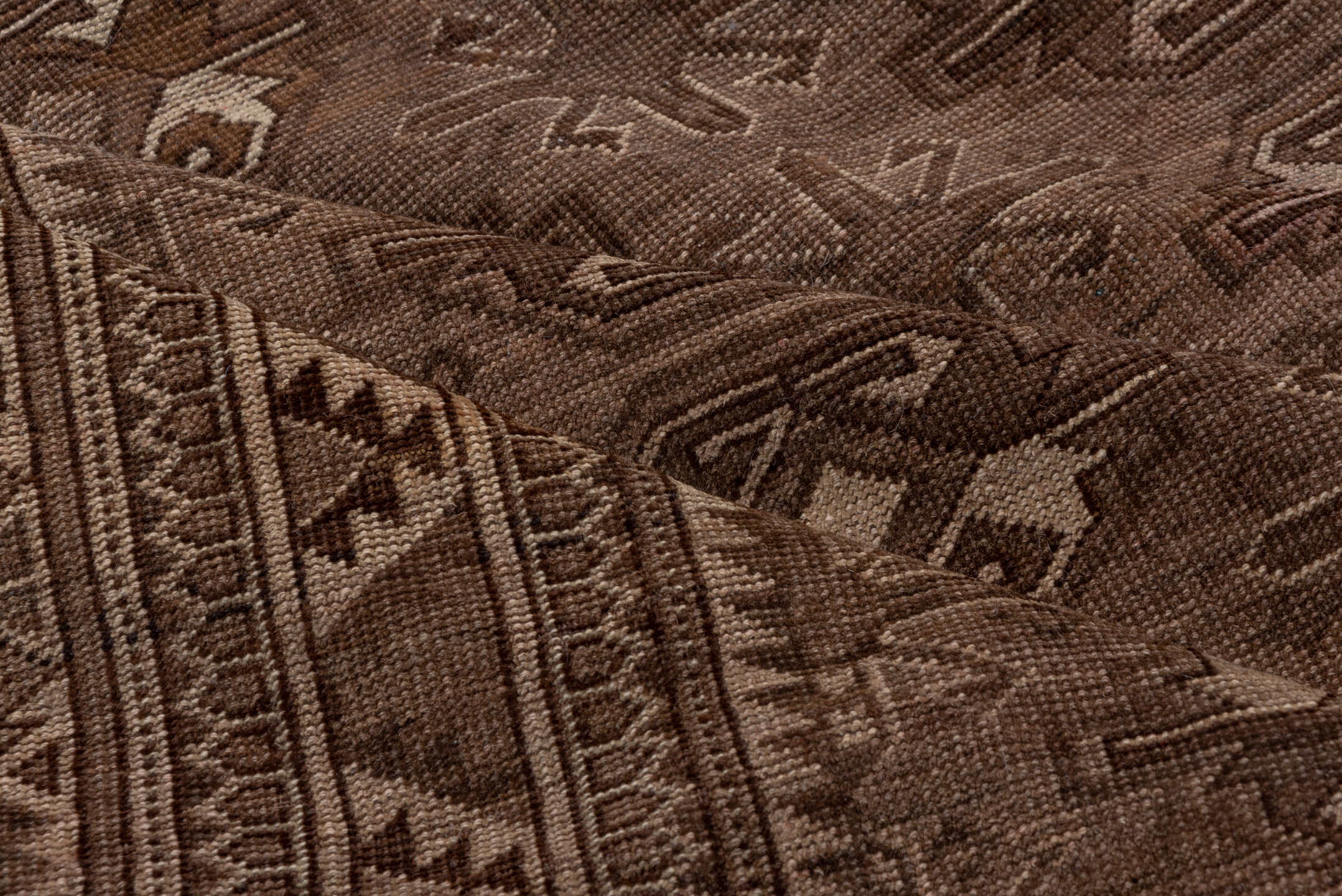 8' x 12' one-of-a-kind handmade antique Afghan large size rug. Color palette: brown, taupe, charcoal, camel, ivory, beige