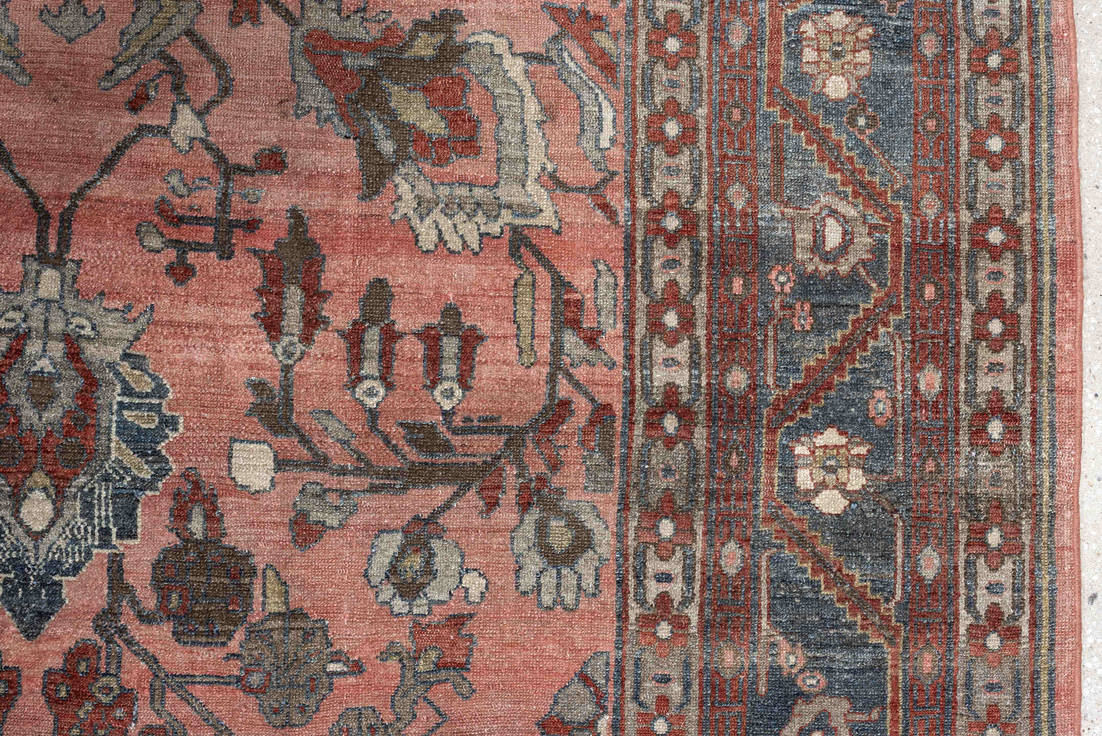 12' x 13' one-of-a-kind handmade antique Lilian oversize rug. Color palette: rose, indigo, ivory, brown, slate, terra cotta
