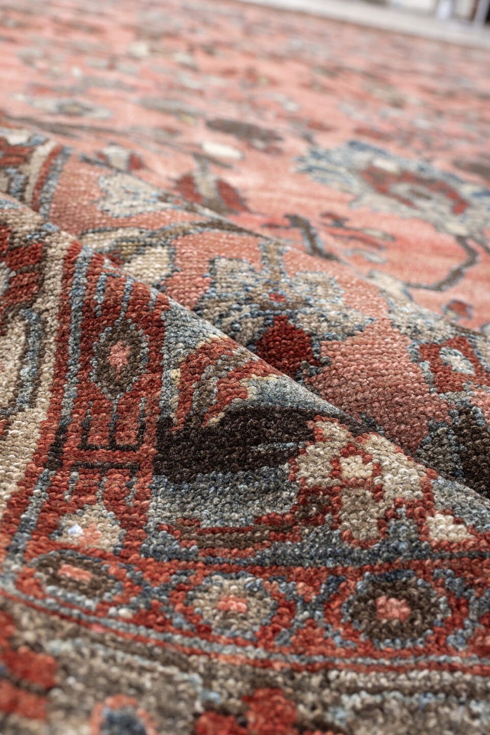 12' x 13' one-of-a-kind handmade antique Lilian oversize rug. Color palette: rose, indigo, ivory, brown, slate, terra cotta