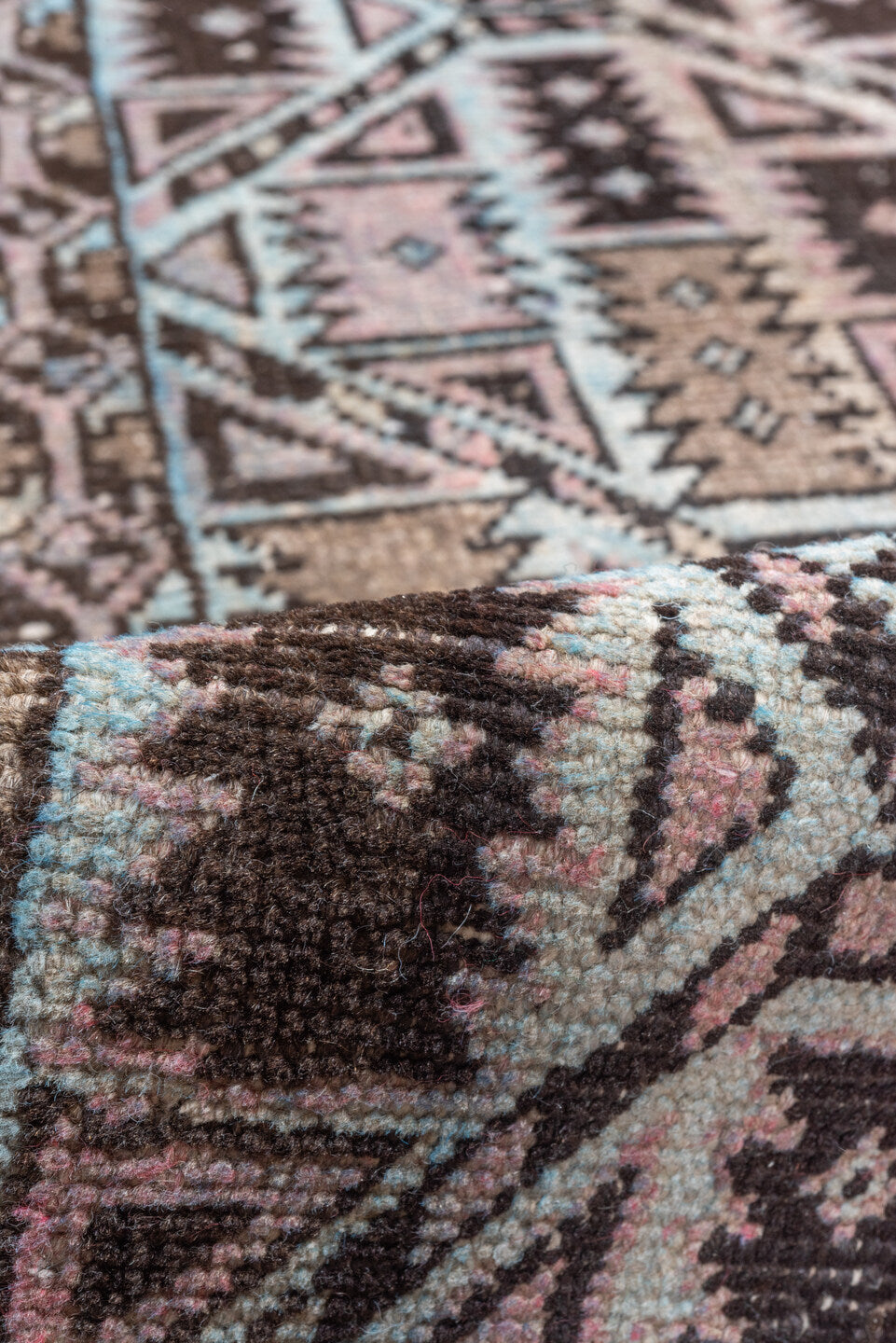 1' x 4' one-of-a-kind handmade vintage Hamadan small size rug. Color palette: brown, gray, light gray, off-white, pink, snow