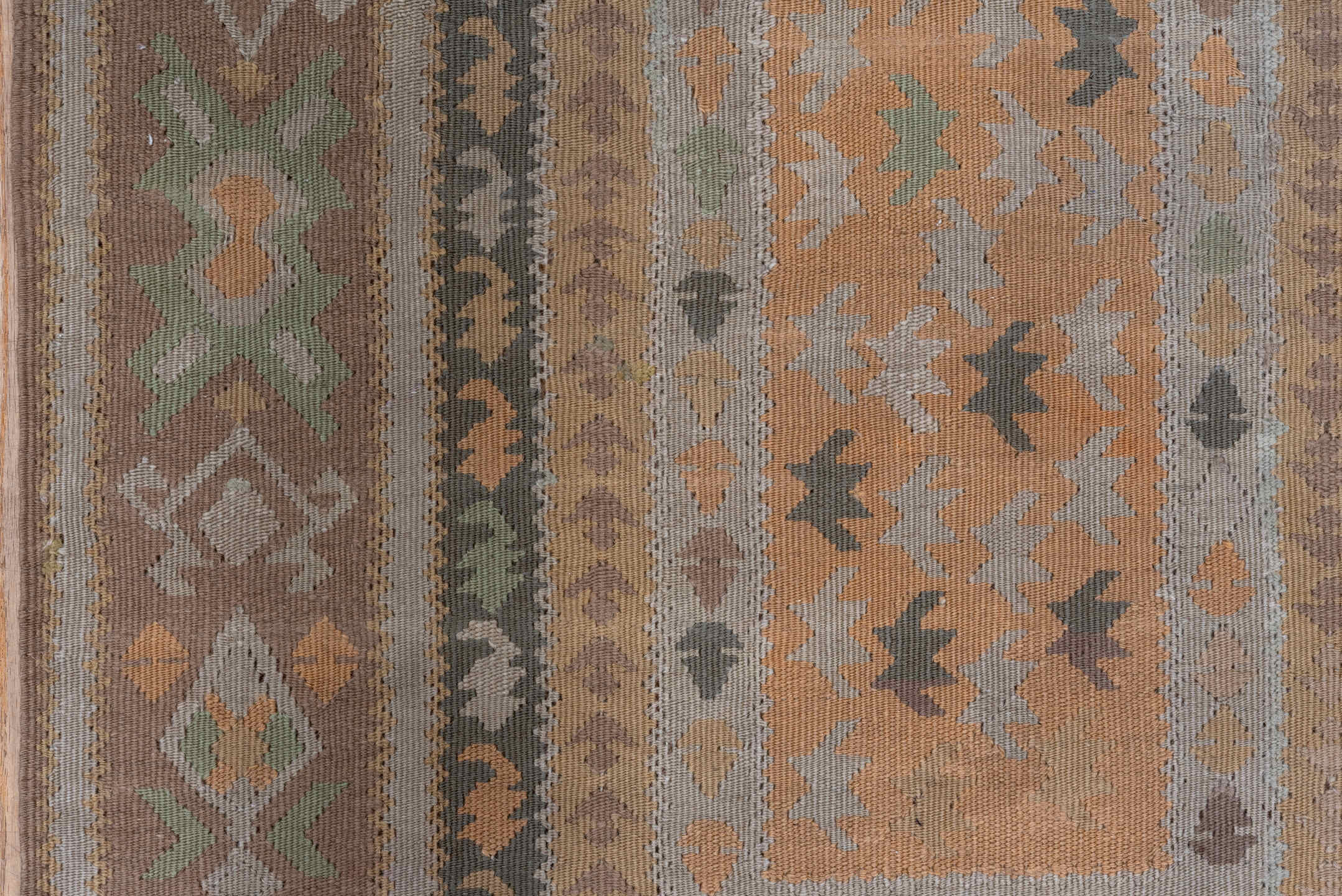 3' x 5' one-of-a-kind handmade antique Belouch small size rug. Color palette: taupe, camel, ivory, sage, terra cotta