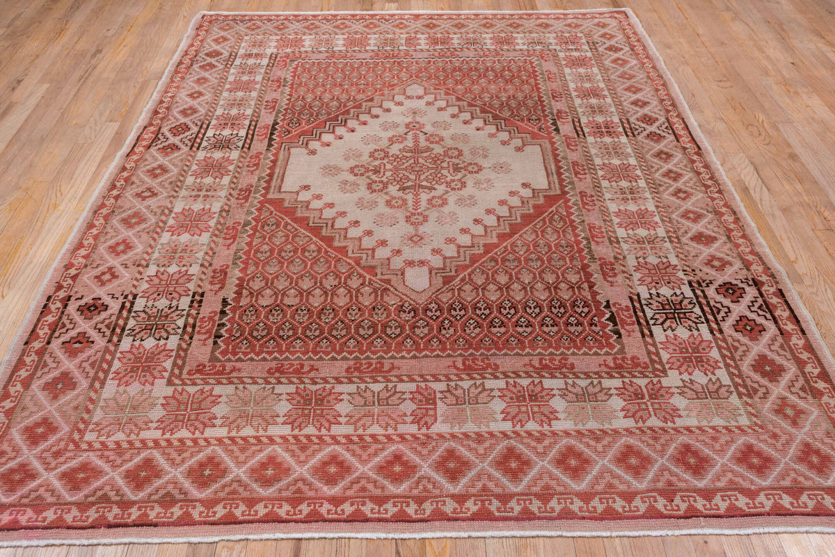 6' x 9' one-of-a-kind handmade antique Oushak medium size rug. Color palette: rose, terracotta, ivory, dusty pink, taupe