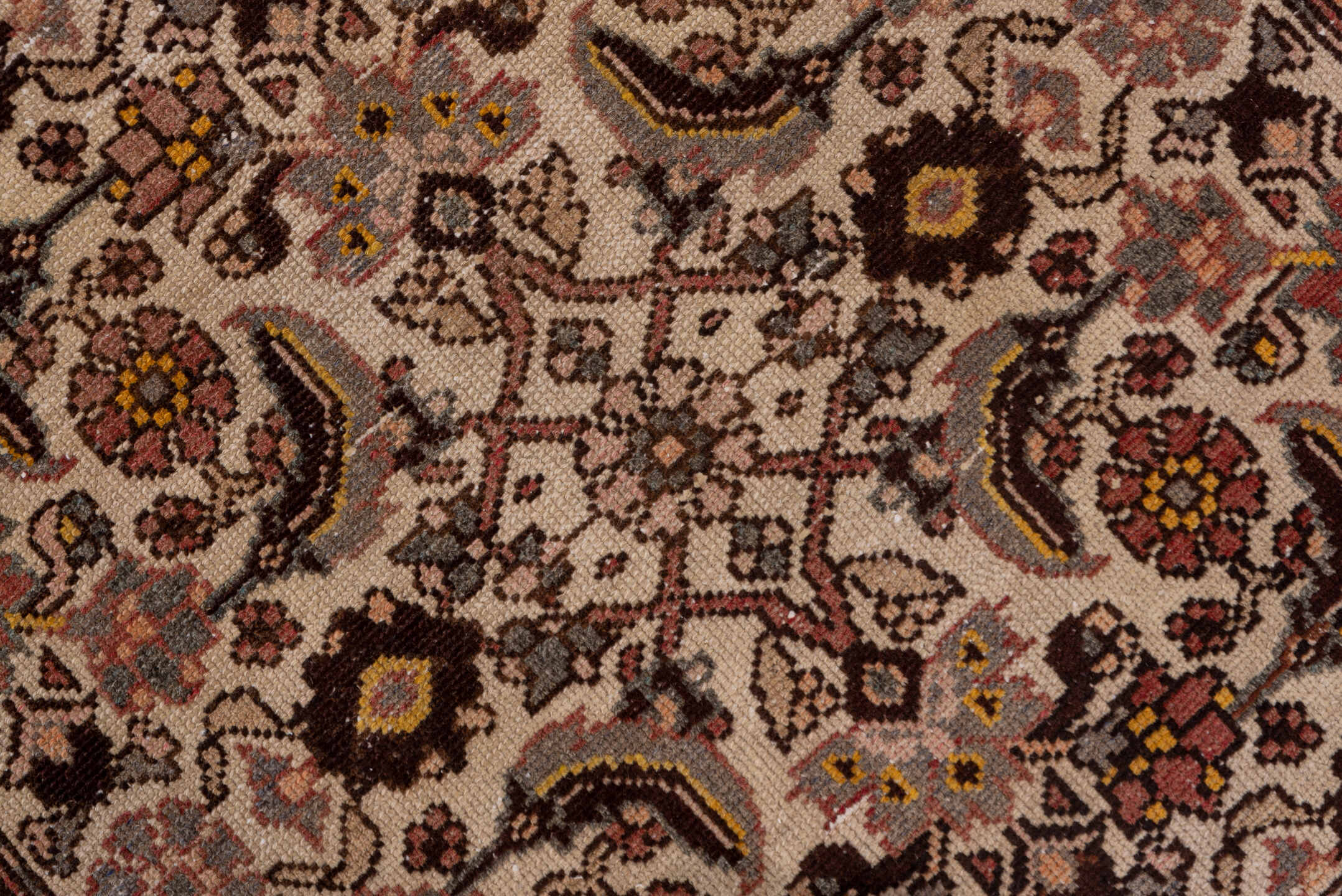 3' x 10' one-of-a-kind handmade vintage Malayer runner rug. Color palette: brown, gray, pink, redwood