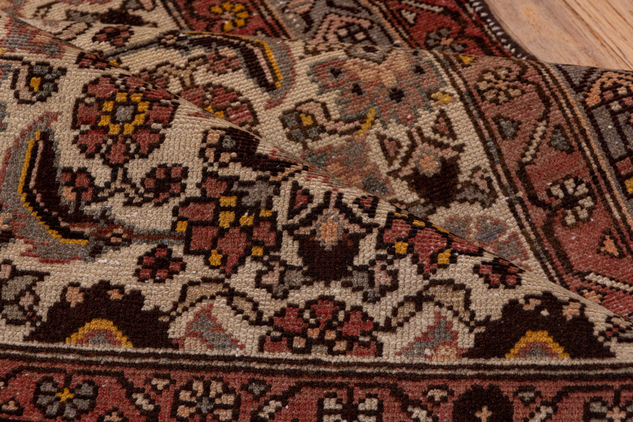 3' x 10' one-of-a-kind handmade vintage Malayer runner rug. Color palette: brown, gray, pink, redwood