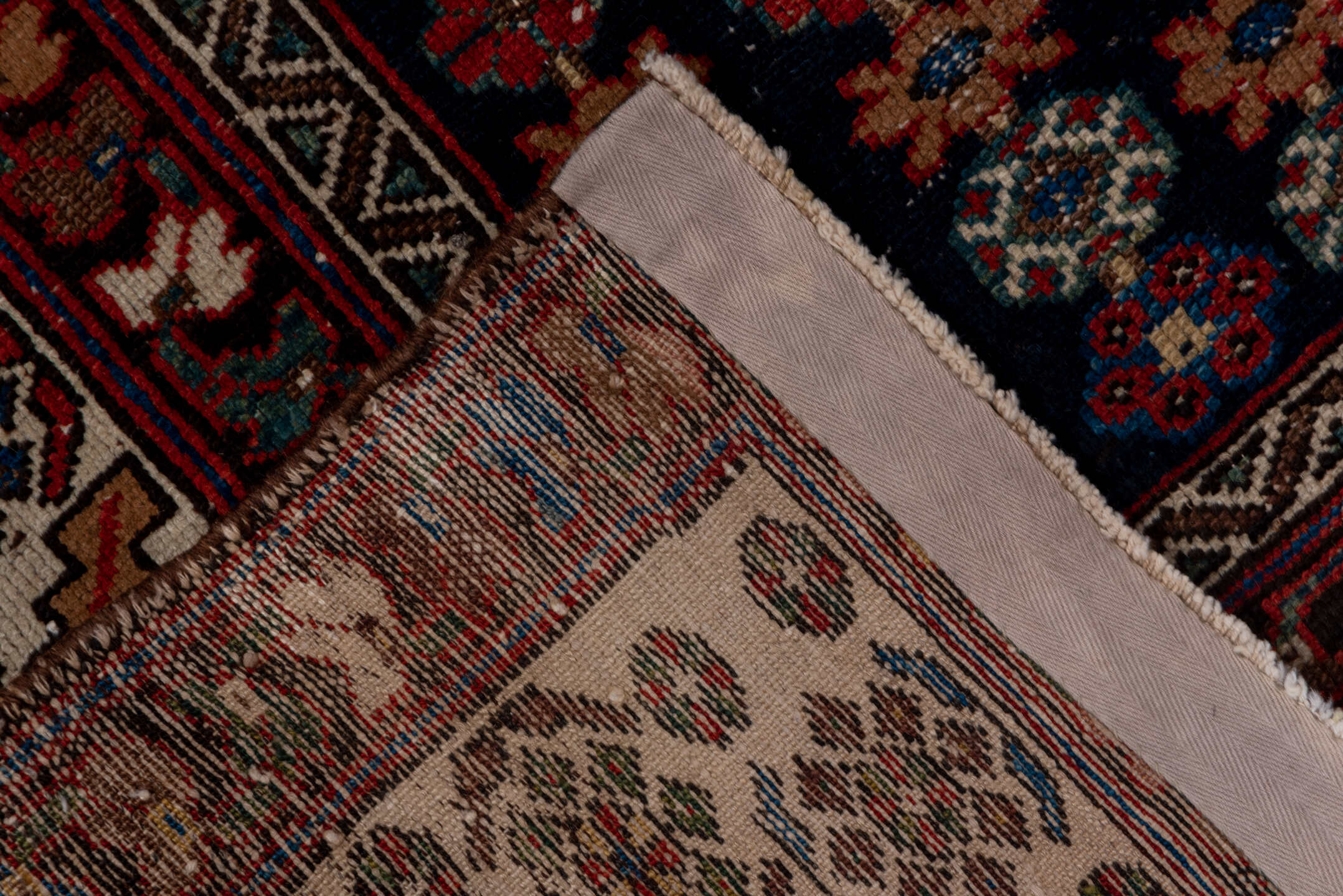 4' x 6' one-of-a-kind handmade vintage Malayer small size rug. Color palette: blue, brown, gray, pink, red