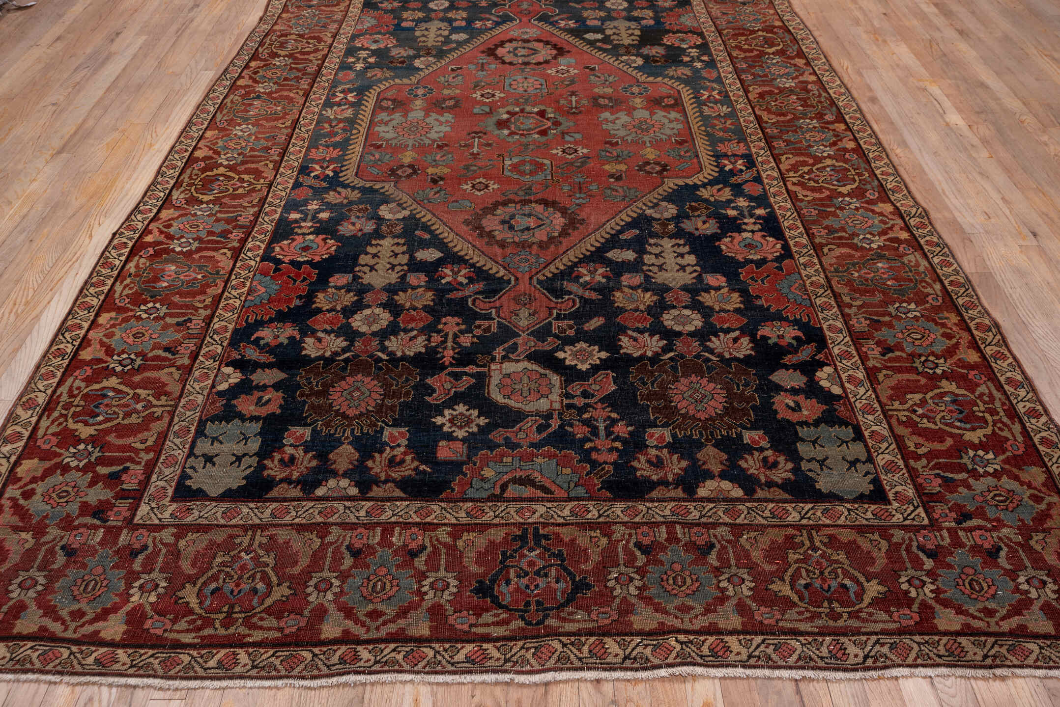 7' x 12' one-of-a-kind handmade antique Bidjar large size rug. Color palette: rust, navy, ivory, rose, slate, camel