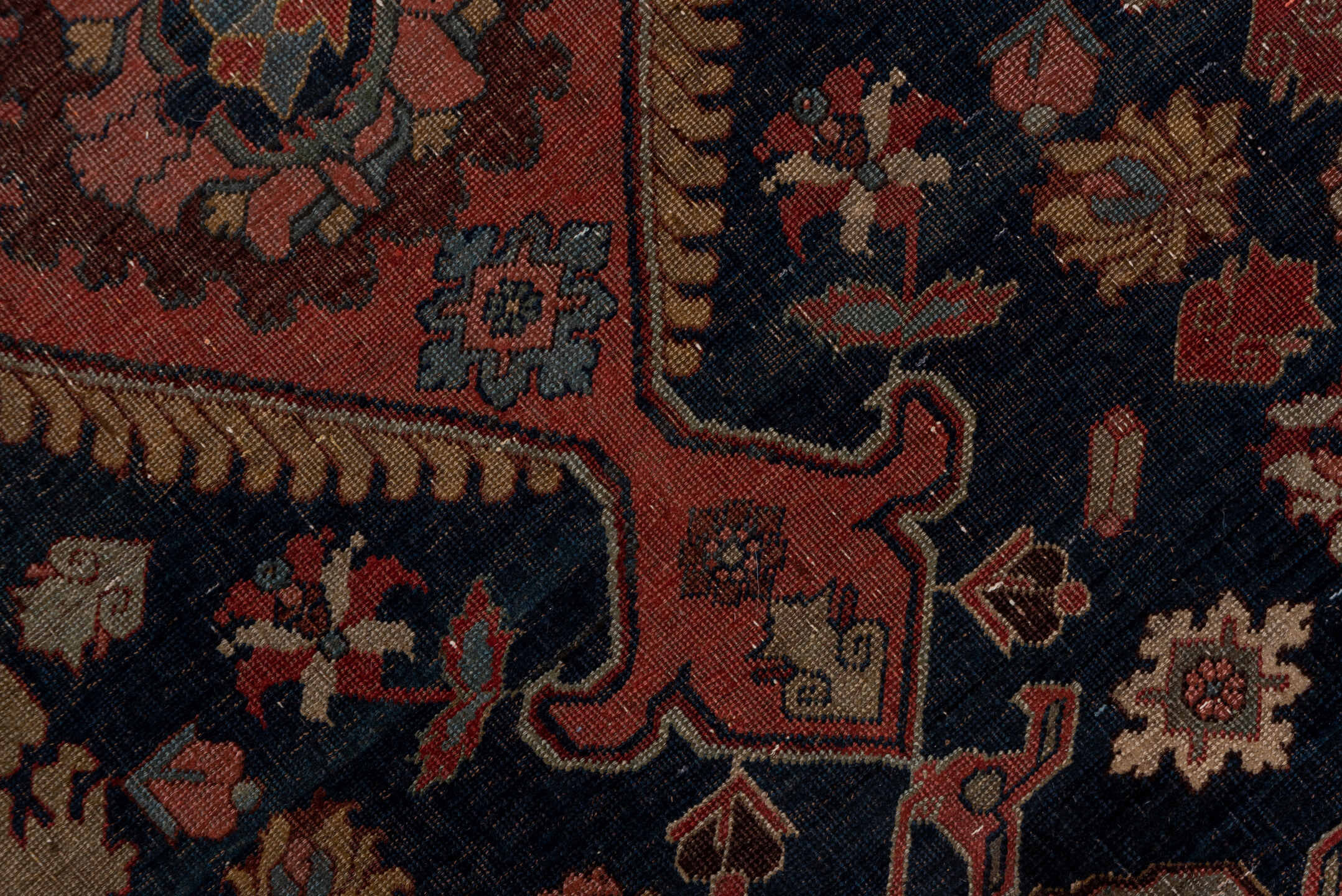 7' x 12' one-of-a-kind handmade antique Bidjar large size rug. Color palette: rust, navy, ivory, rose, slate, camel