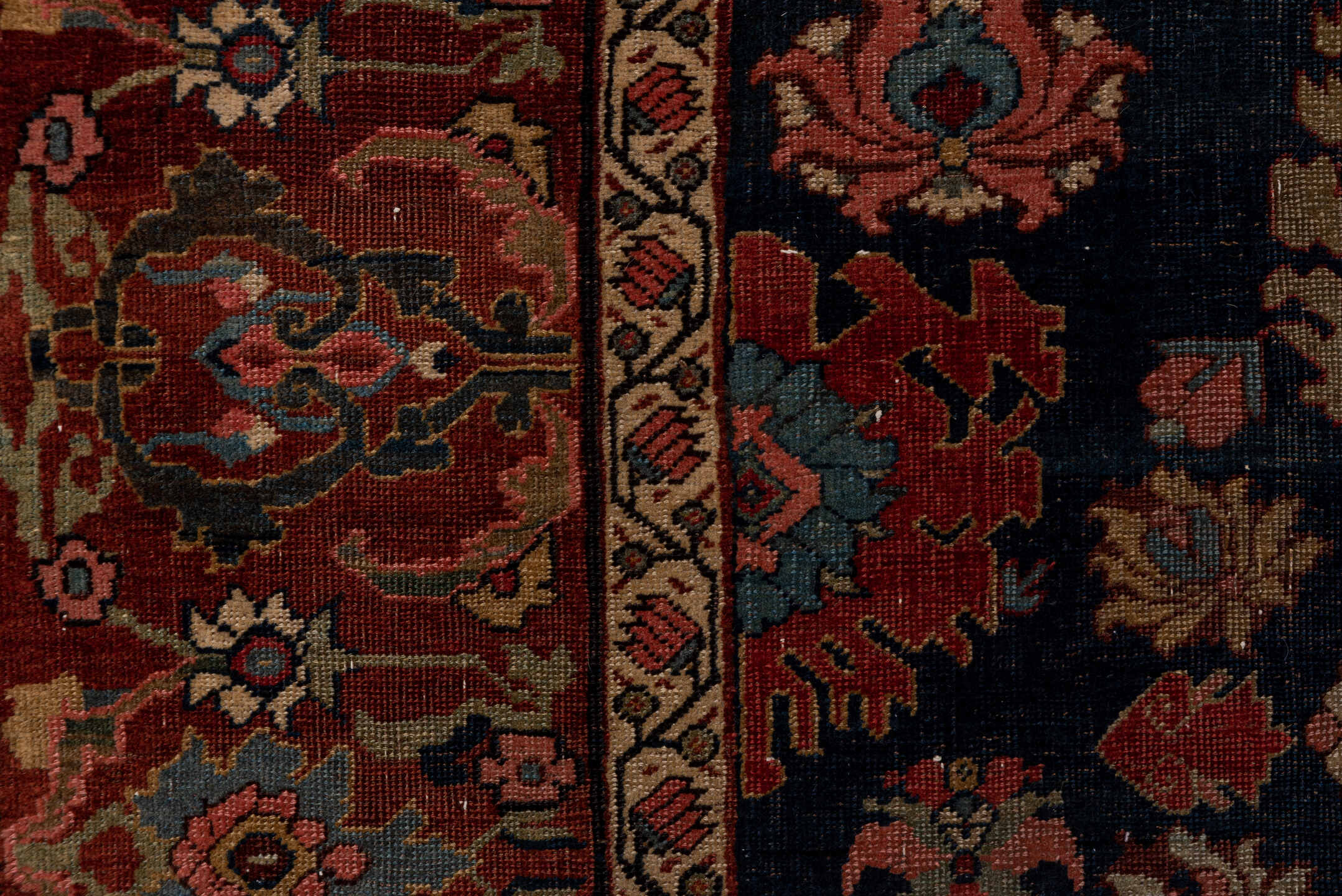 7' x 12' one-of-a-kind handmade antique Bidjar large size rug. Color palette: rust, navy, ivory, rose, slate, camel