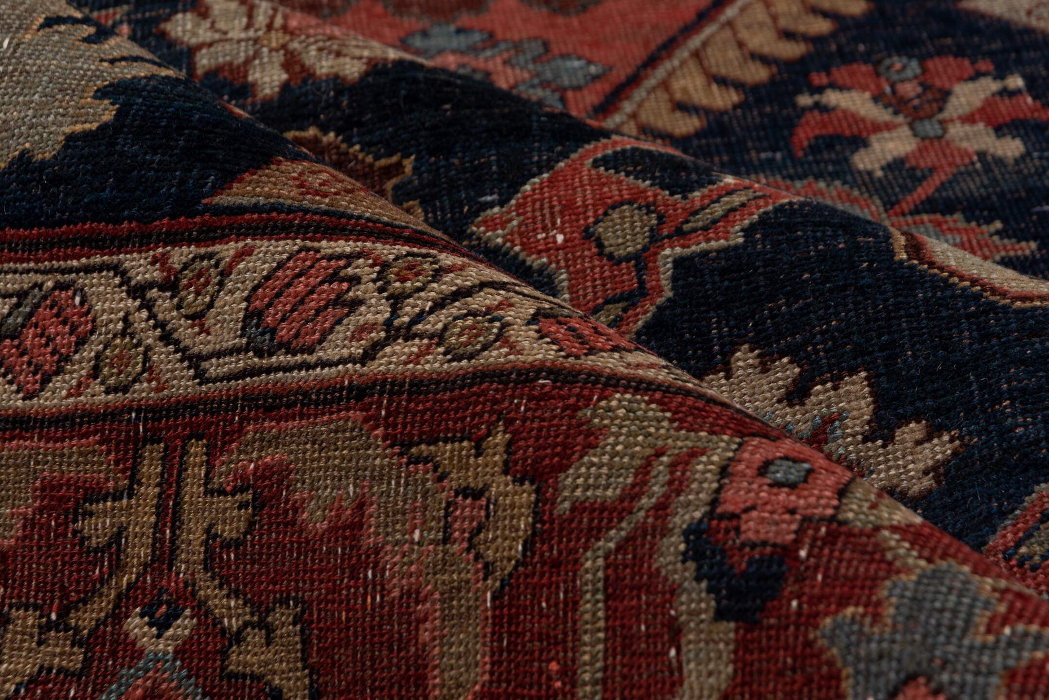 7' x 12' one-of-a-kind handmade antique Bidjar large size rug. Color palette: rust, navy, ivory, rose, slate, camel