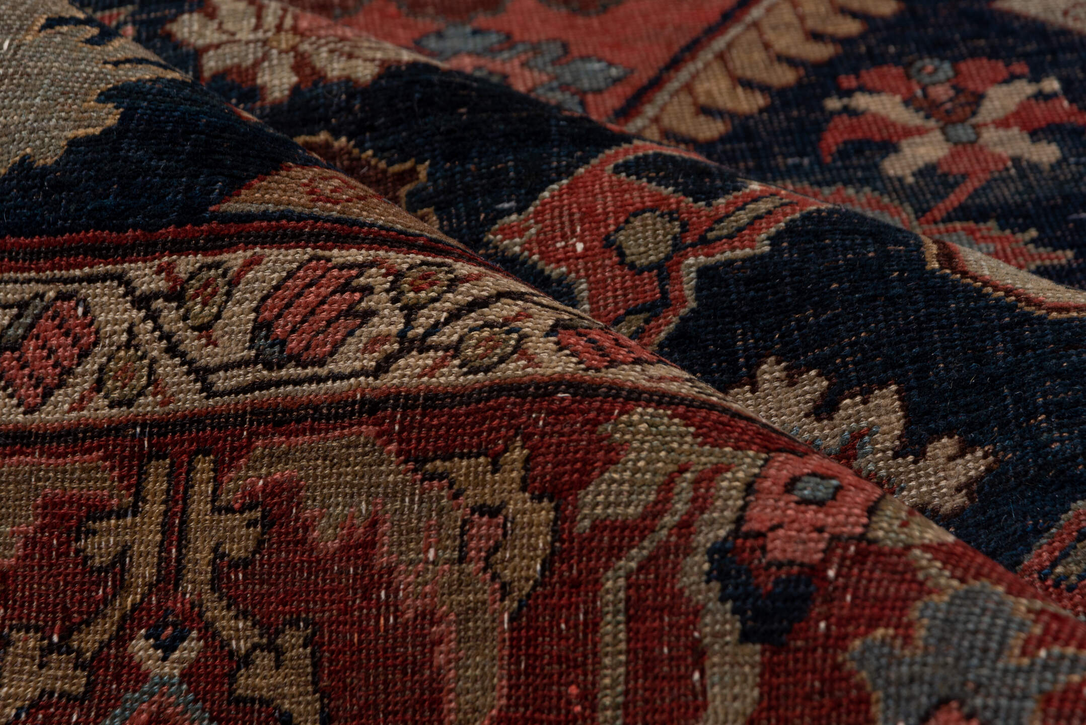 7' x 12' one-of-a-kind handmade antique Bidjar large size rug. Color palette: rust, navy, ivory, rose, slate, camel