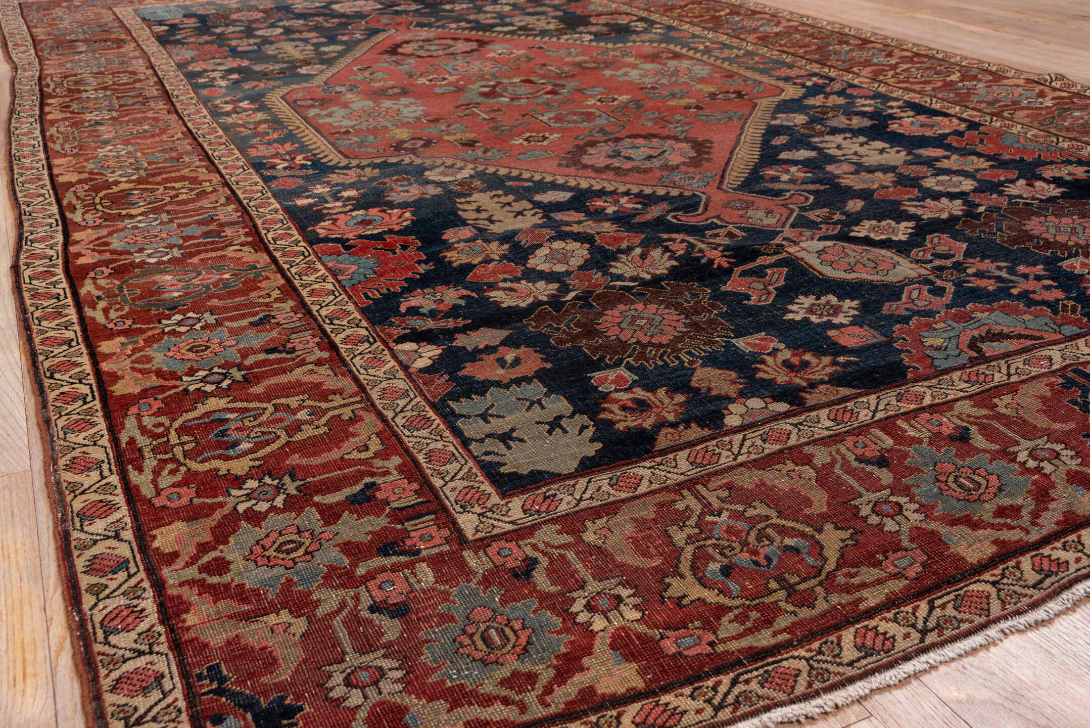 7' x 12' one-of-a-kind handmade antique Bidjar large size rug. Color palette: rust, navy, ivory, rose, slate, camel