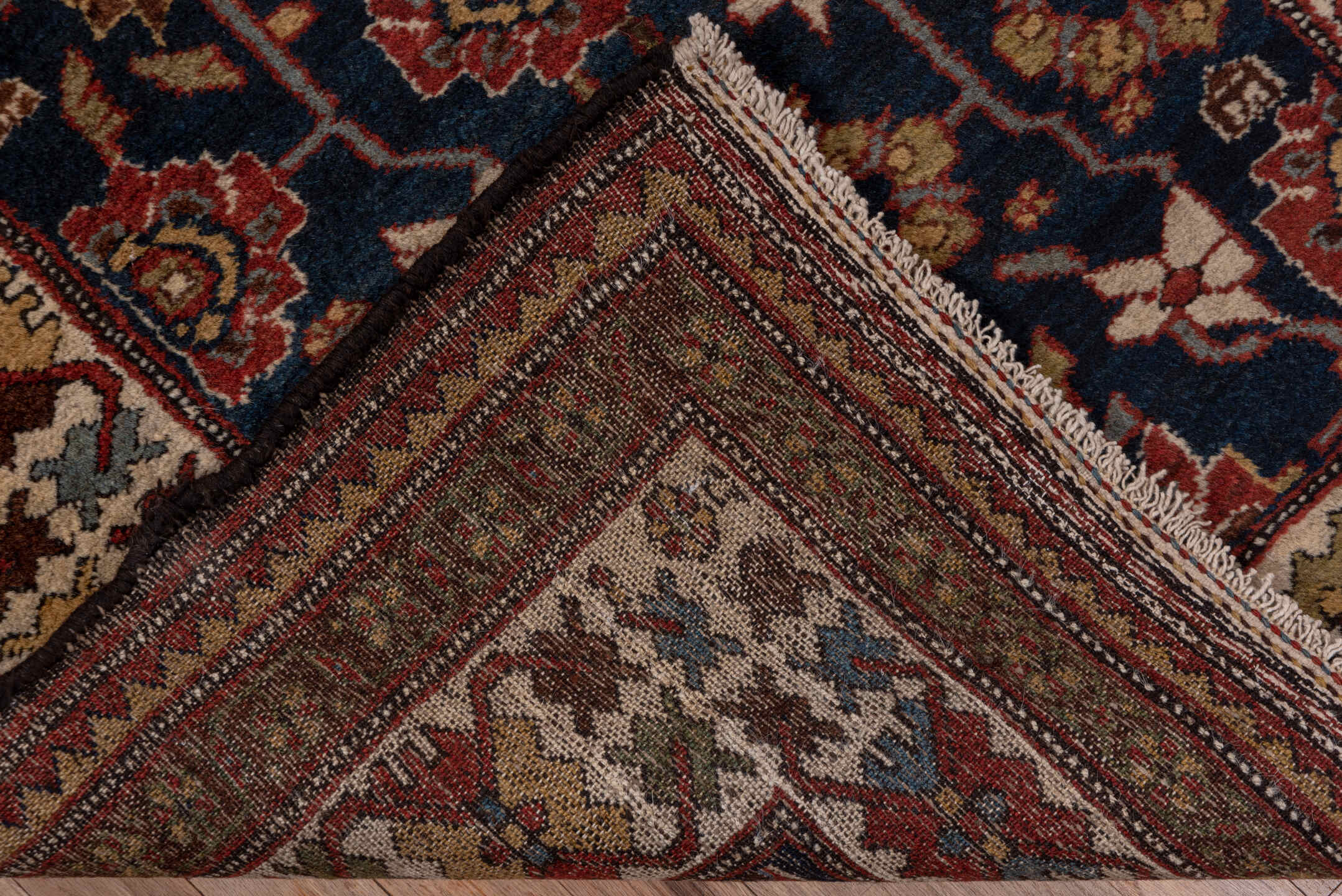 3' x 12' one-of-a-kind handmade antique Malayer runner rug. Color palette: navy, ivory, rust, camel, burgundy, taupe, brown