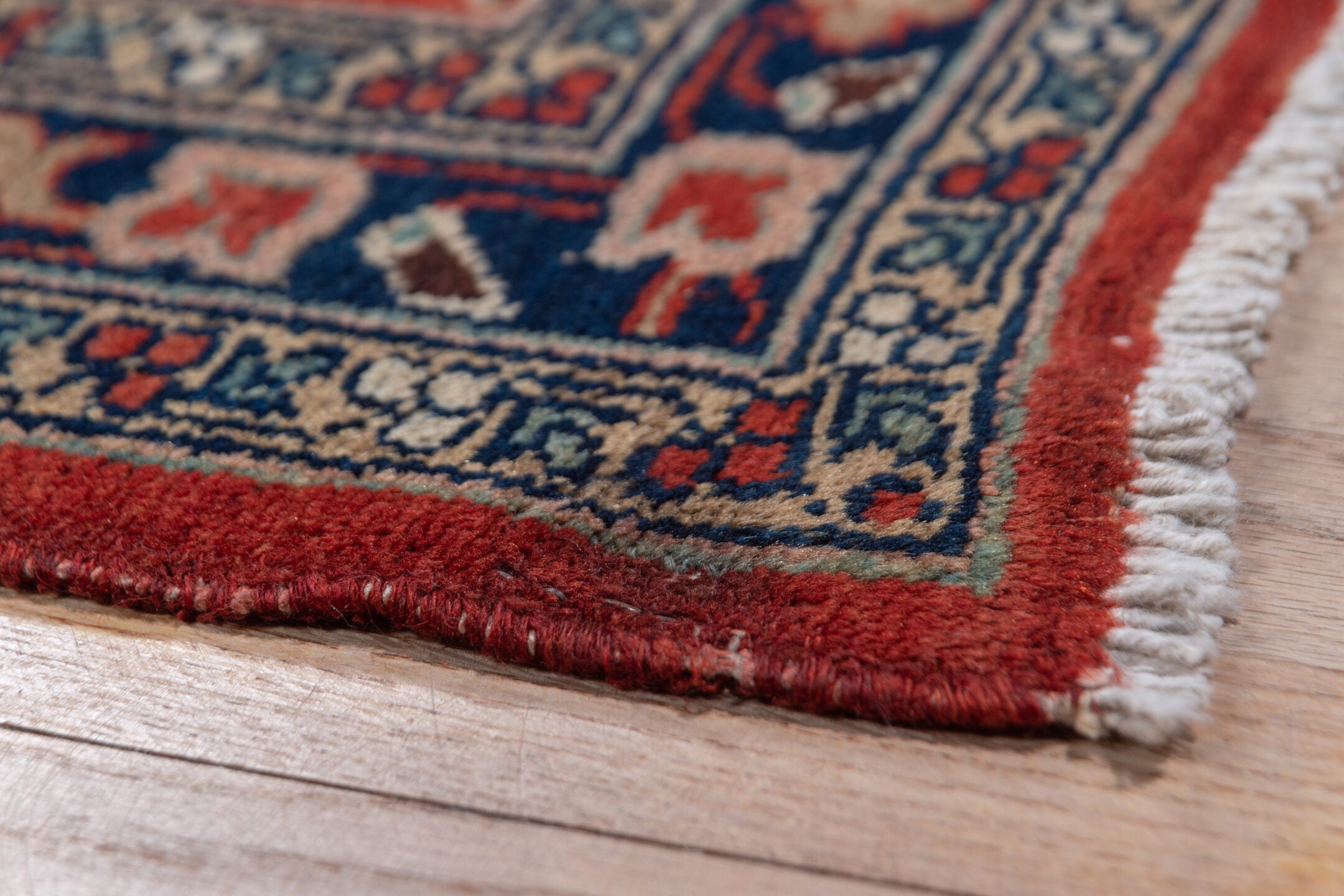 2' x 19' one-of-a-kind handmade vintage Lilian runner rug. Color palette: blue, brown, gray, off-white, pink, red, redwood