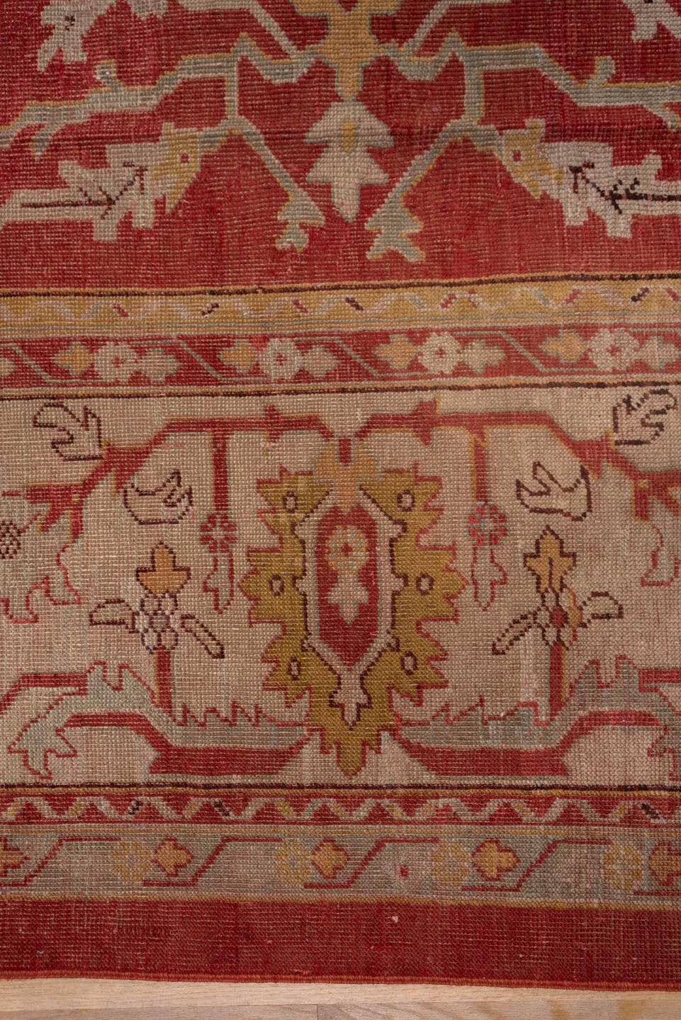 11' x 13' one-of-a-kind handmade antique Oushak oversize rug. Color palette: terra cotta, ivory, sage, gold, rust, blush