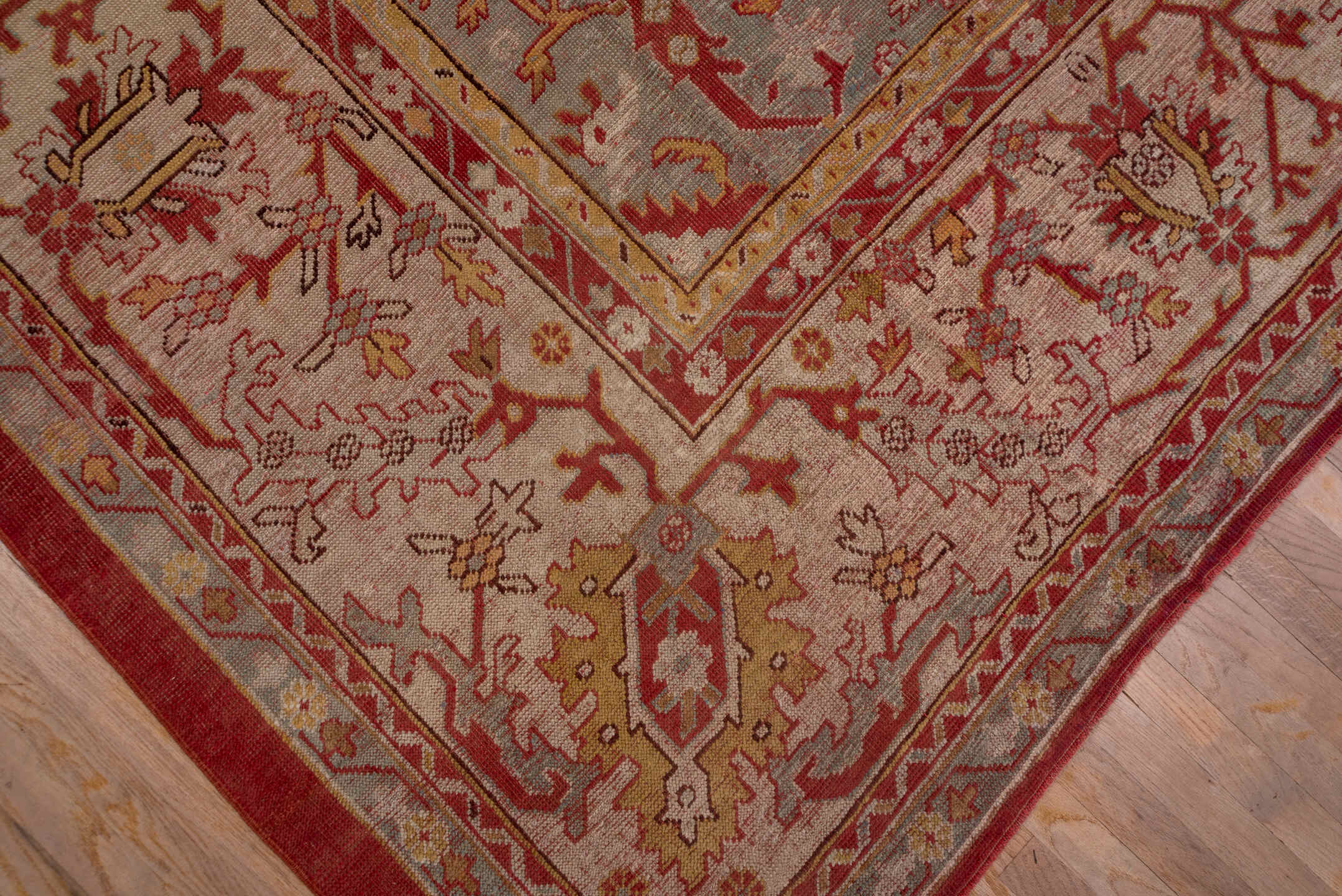 11' x 13' one-of-a-kind handmade antique Oushak oversize rug. Color palette: terra cotta, ivory, sage, gold, rust, blush
