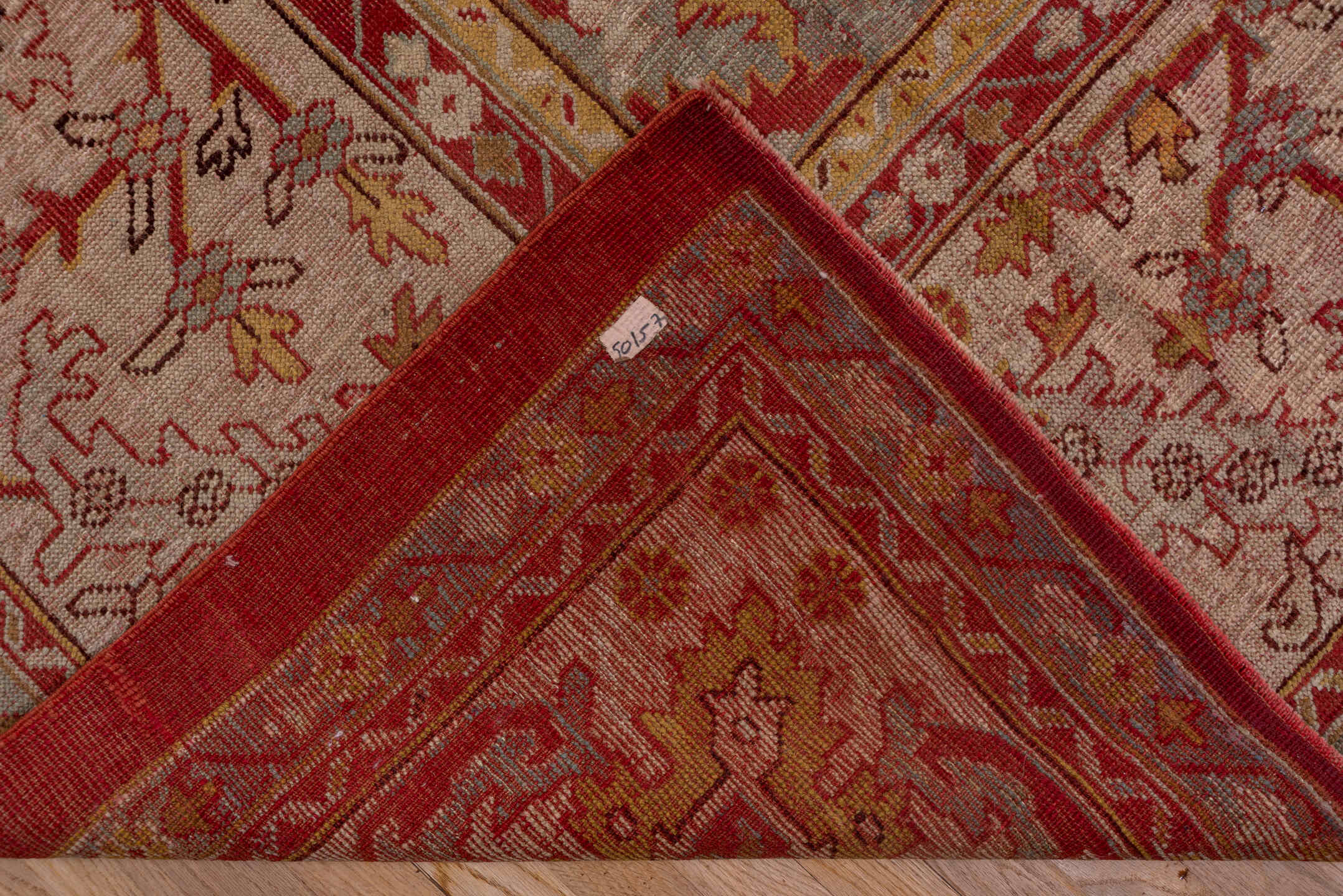 11' x 13' one-of-a-kind handmade antique Oushak oversize rug. Color palette: terra cotta, ivory, sage, gold, rust, blush