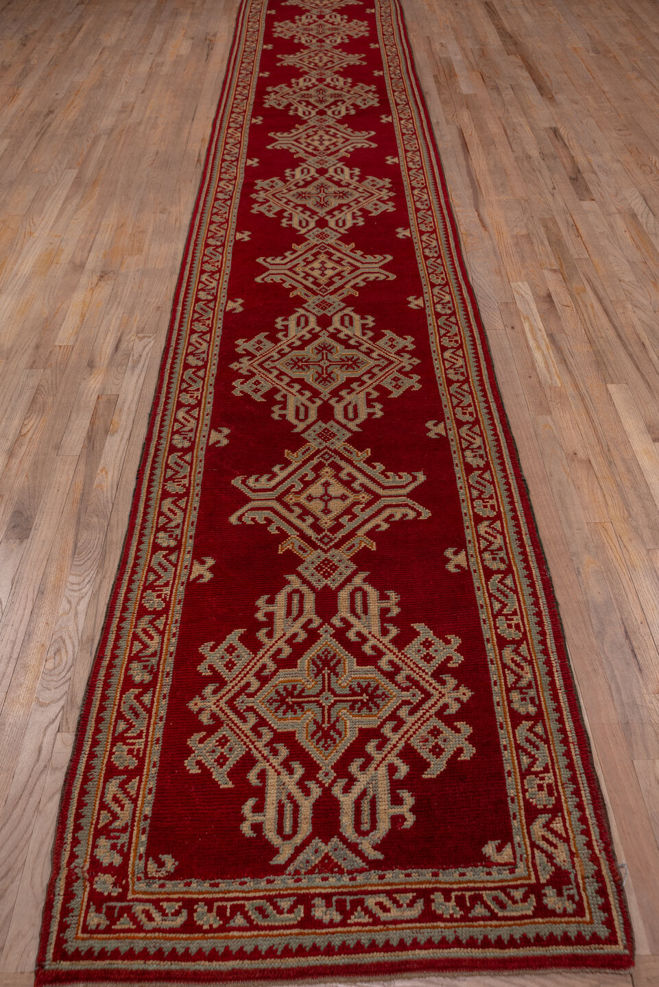 3' x 17' one-of-a-kind handmade vintage Oushak runner rug. Color palette: brown, off-white, pink, red, snow, white