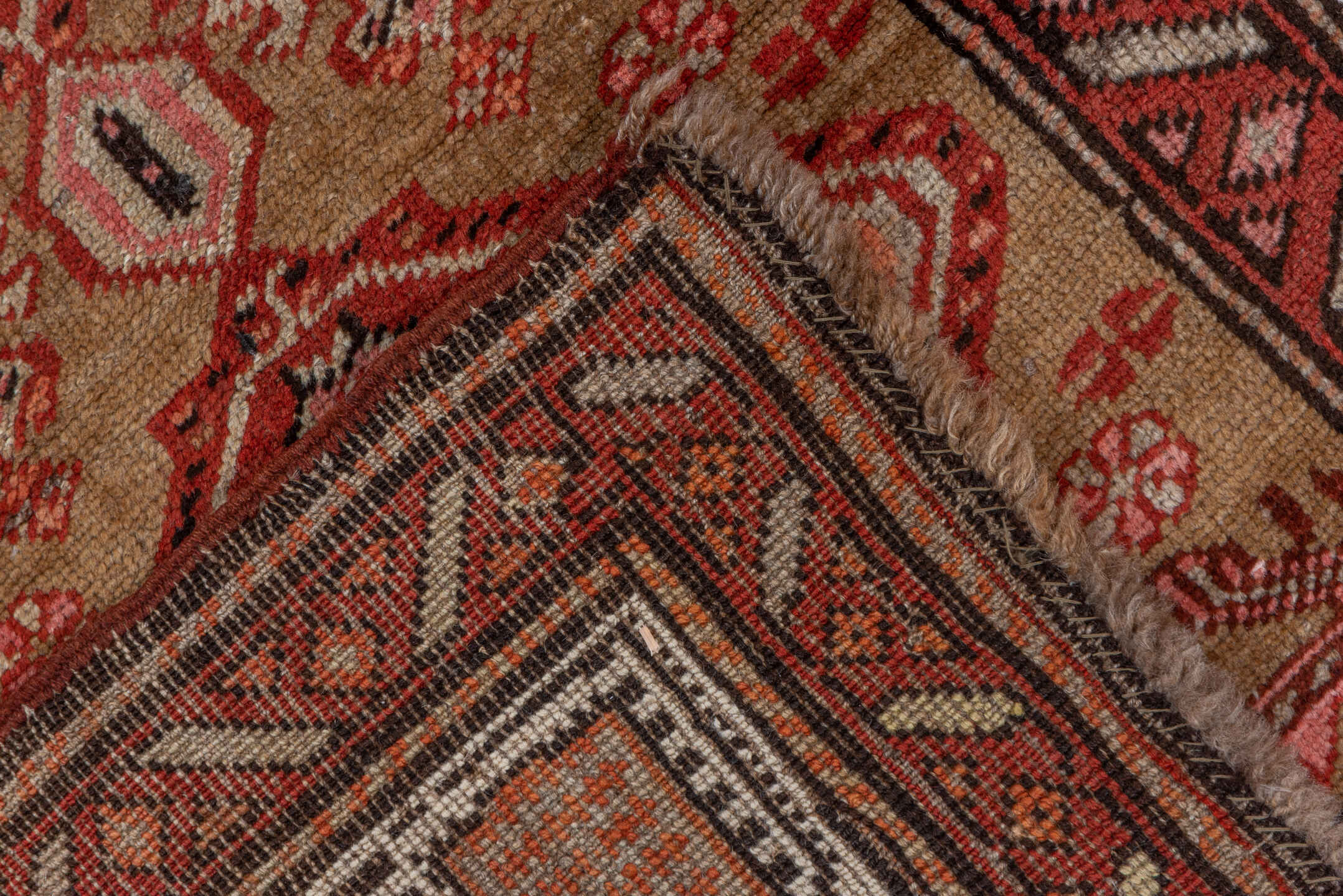 3' x 10' one-of-a-kind handmade antique Sarab runner rug. Color palette: rust, camel, ivory, brick, brown, charcoal