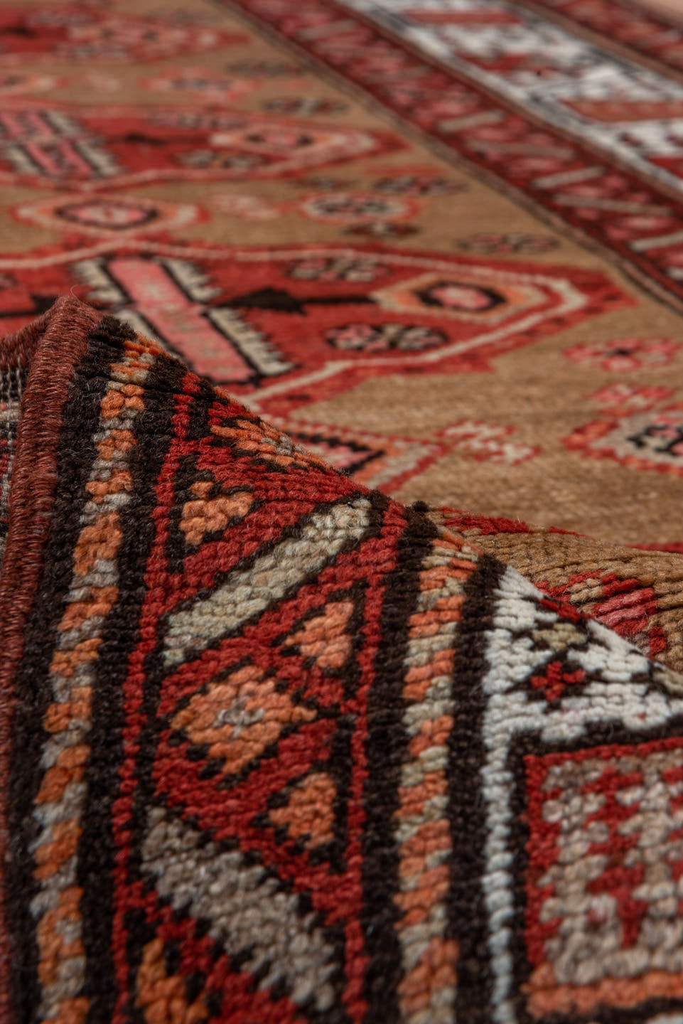 3' x 10' one-of-a-kind handmade antique Sarab runner rug. Color palette: rust, camel, ivory, brick, brown, charcoal