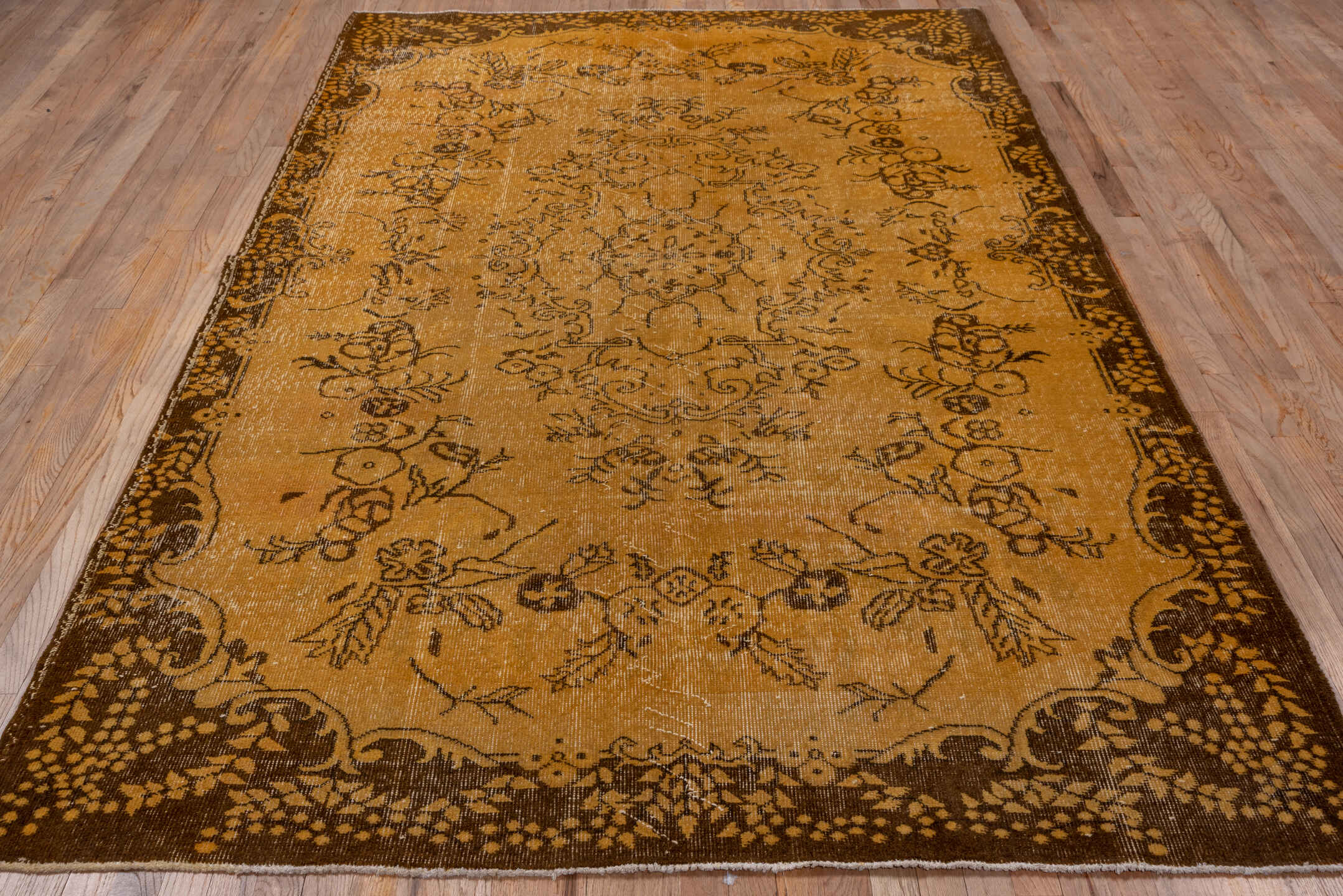 6' x 9' one-of-a-kind handmade vintage Overdyed medium size rug. Color palette: camel, brown, espresso, taupe, ivory, beige