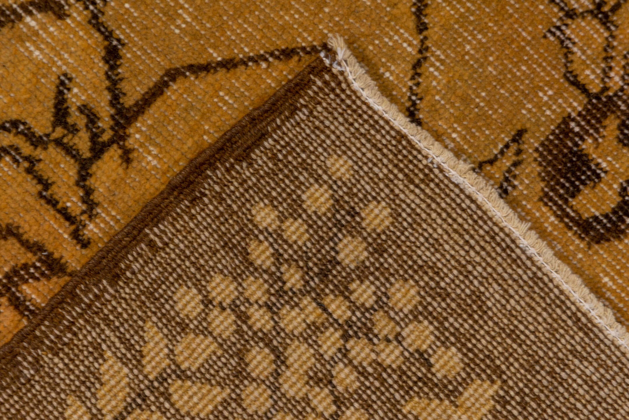 6' x 9' one-of-a-kind handmade vintage Overdyed medium size rug. Color palette: camel, brown, espresso, taupe, ivory, beige