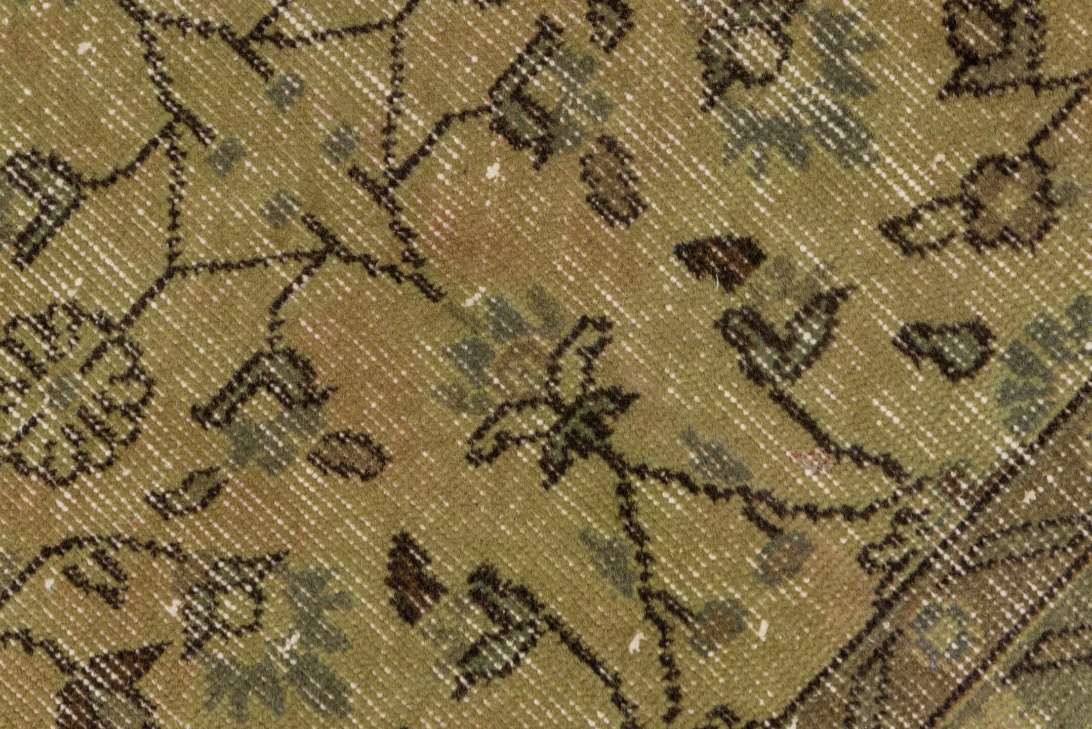 6' x 10' one-of-a-kind handmade vintage Overdyed large size rug. Color palette: olive, taupe, brown, sage, charcoal, green