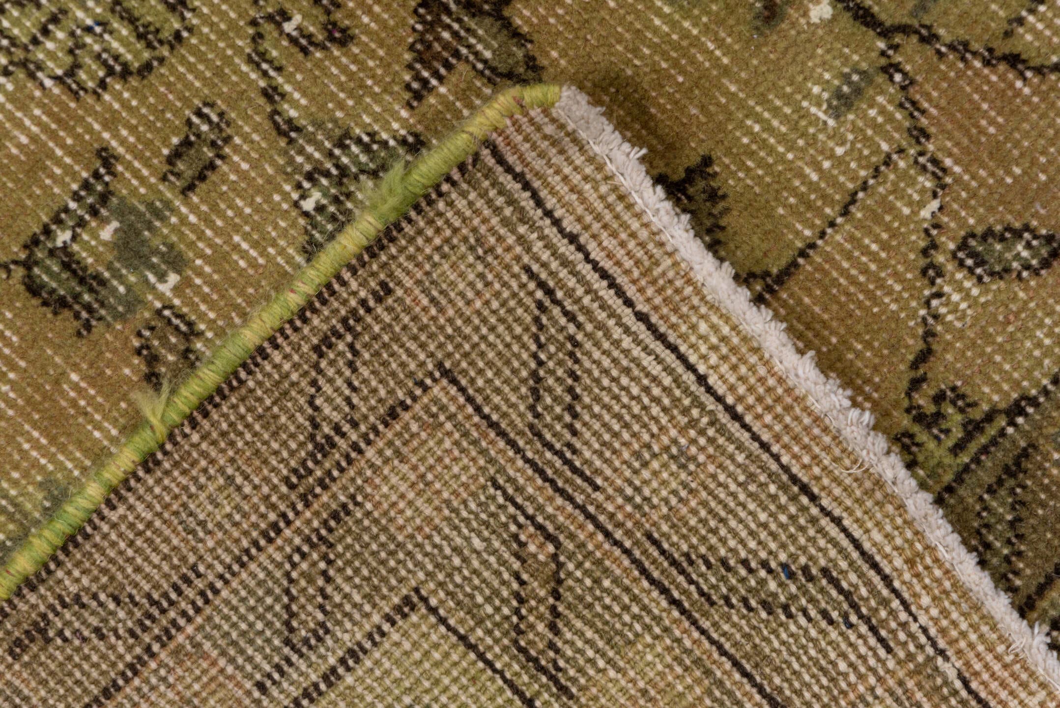 6' x 10' one-of-a-kind handmade vintage Overdyed large size rug. Color palette: olive, taupe, brown, sage, charcoal, green