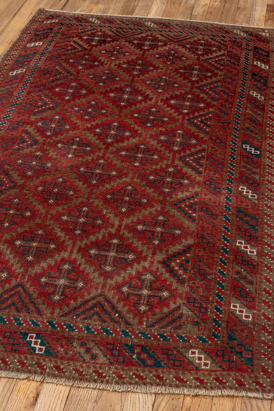 3' x 5' one-of-a-kind handmade vintage Belouch small size rug. Color palette: blue, brown, gray, light gray, pink, red