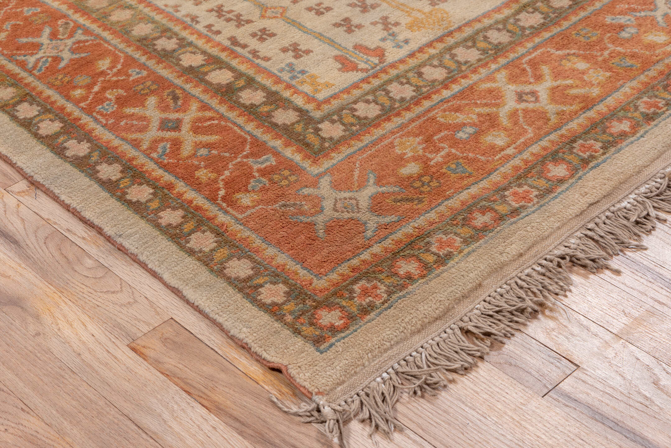 4' x 9' one-of-a-kind handmade vintage Sultanabad rug. Color palette: ivory, rust, taupe, sage, slate, camel, terra cotta