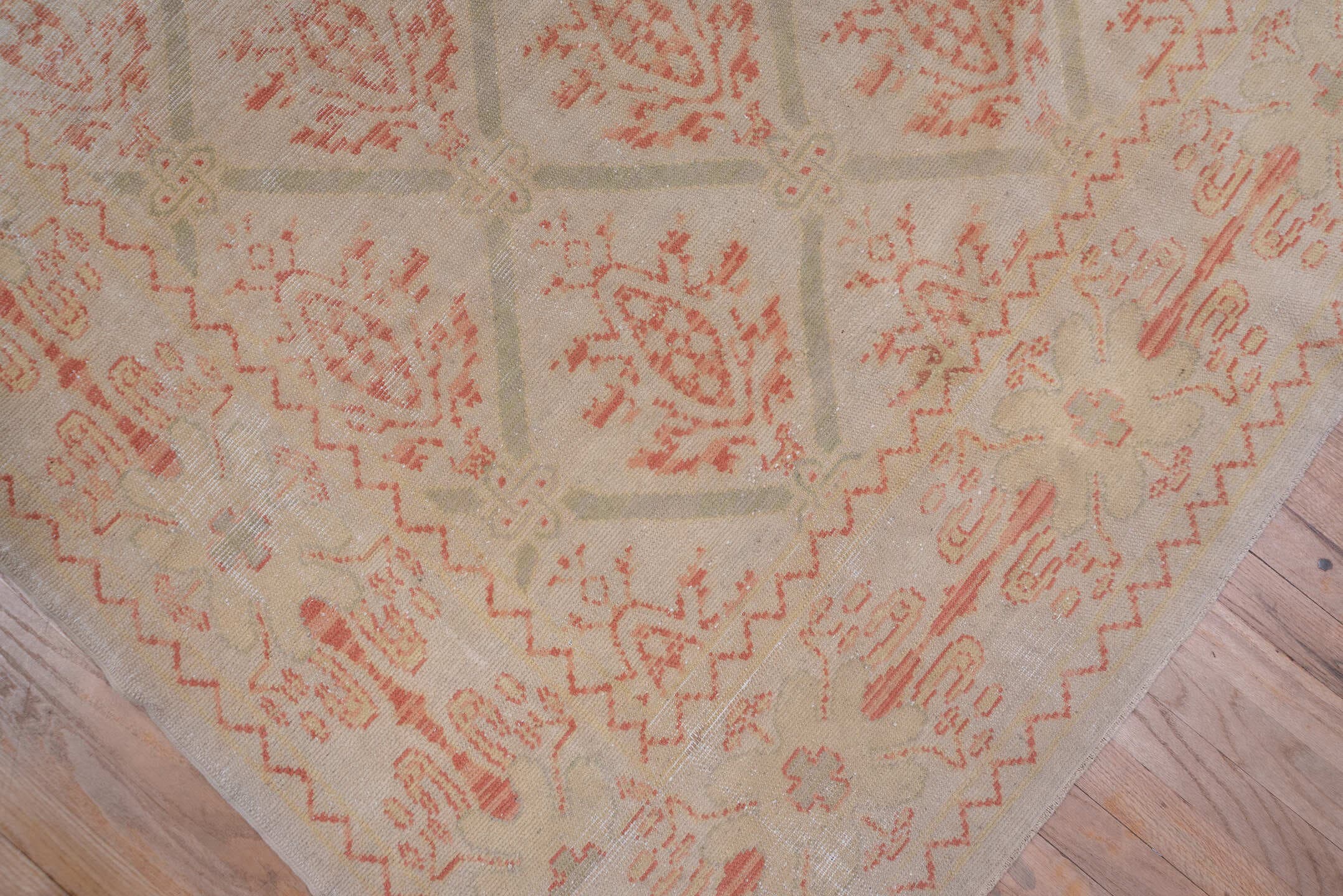 10' x 17' one-of-a-kind handmade antique Spanish rug. Color palette: ivory, coral, sage, cream, blush, taupe, terracotta