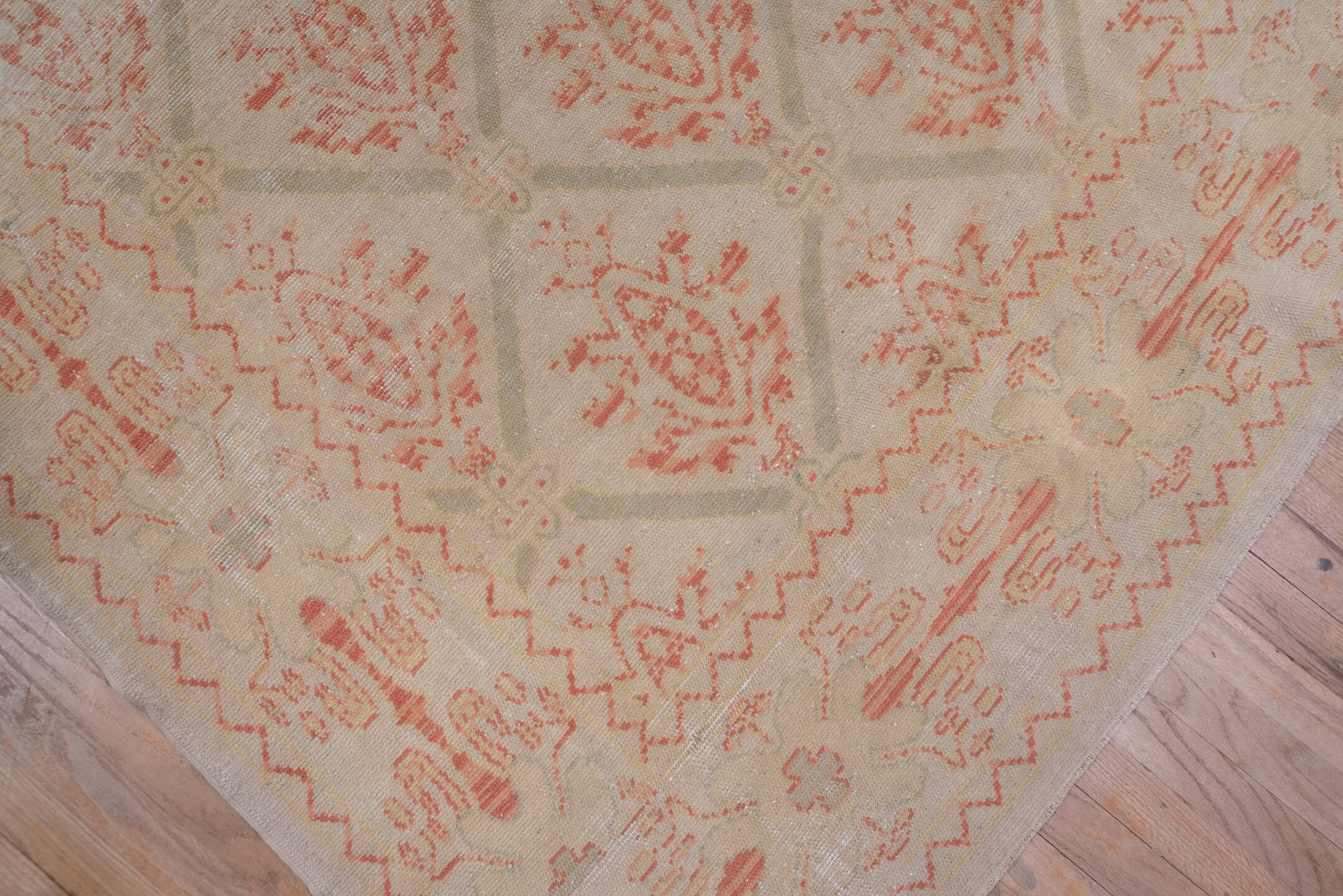 10' x 17' one-of-a-kind handmade vintage Spanish rug. Color palette: brown, gray, light gray, off-white, orange, pink