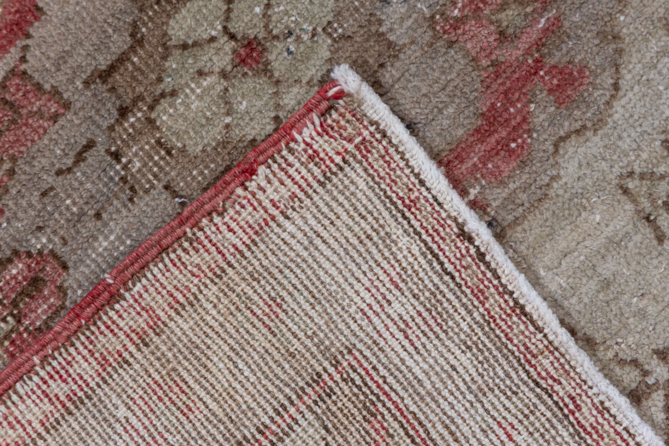5' x 9' one-of-a-kind handmade vintage Oushak medium size rug. Color palette: ivory, rose, blush, taupe, beige, sage, pink
