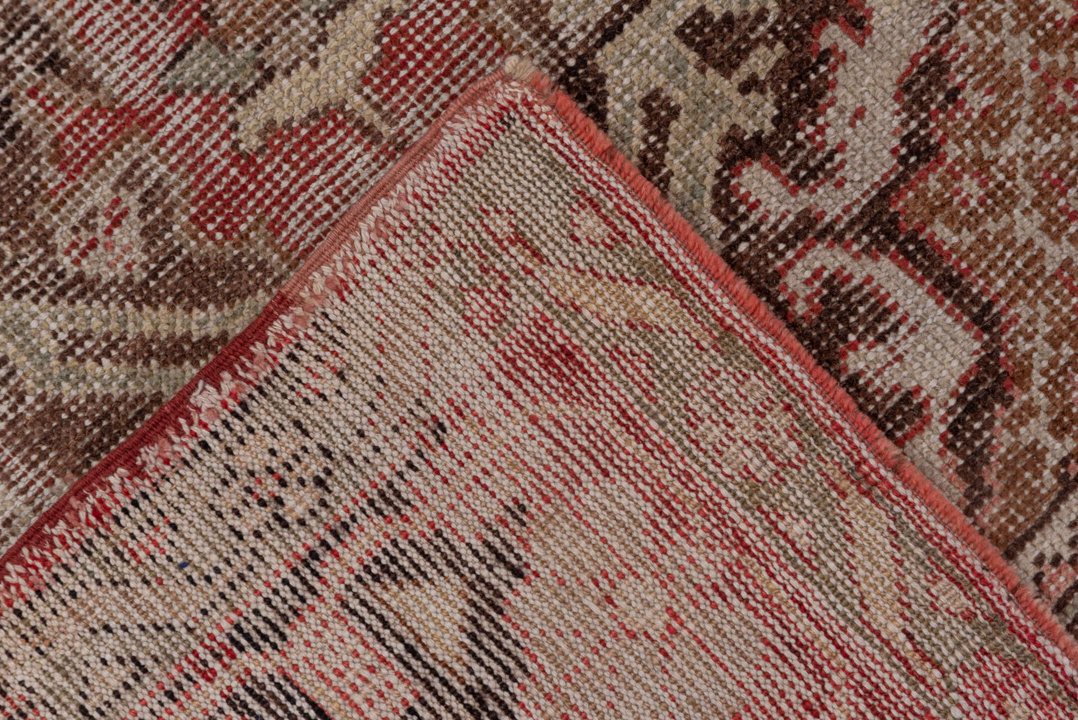 4' x 7' one-of-a-kind handmade vintage Oushak rug. Color palette: brown, gray, light gray, pink, red, redwood