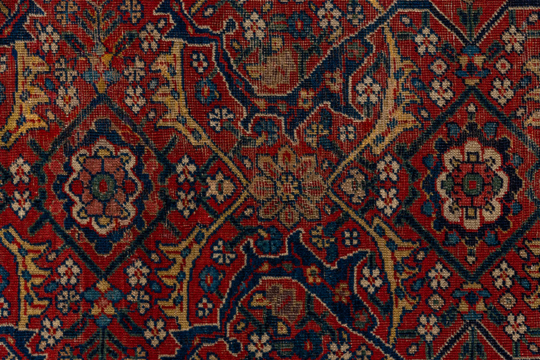7' x 14' one-of-a-kind handmade antique Farahan large size rug. Color palette: rust, navy, ivory, crimson, camel, indigo