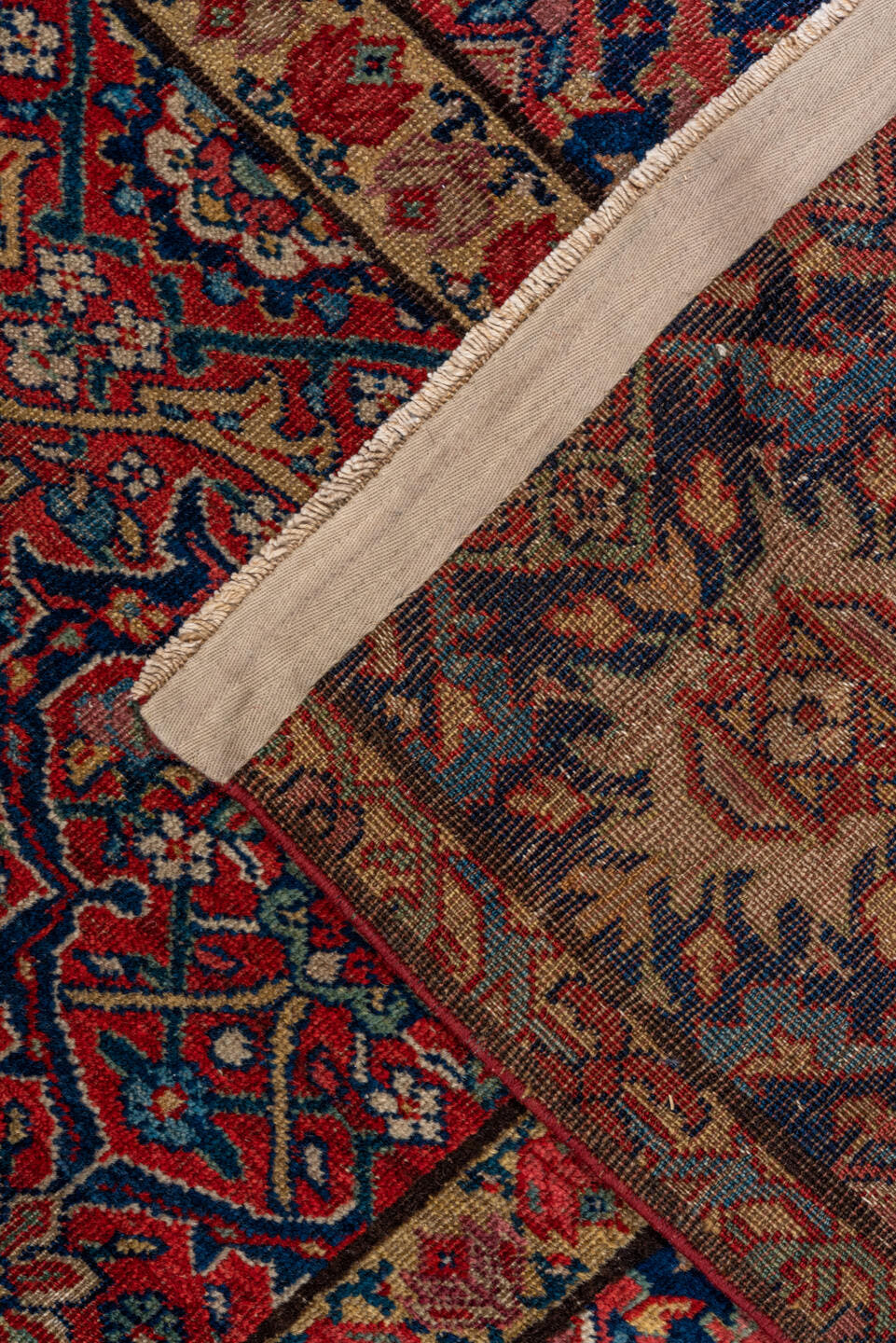 7' x 14' one-of-a-kind handmade antique Farahan large size rug. Color palette: rust, navy, ivory, crimson, camel, indigo