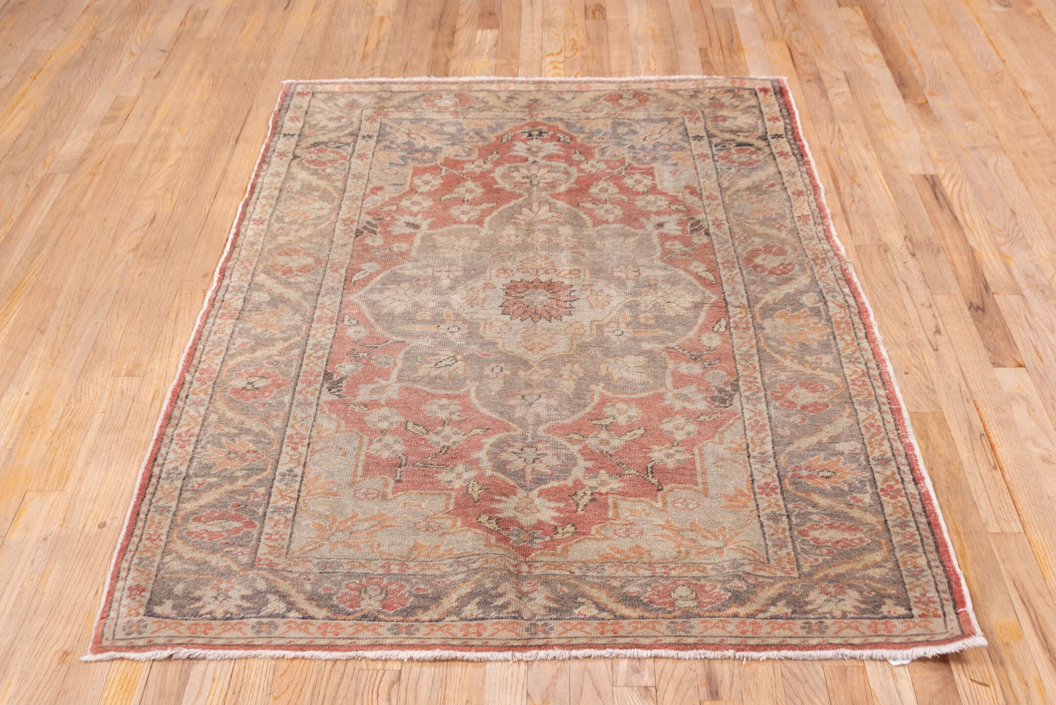 4' x 6' one-of-a-kind handmade vintage Oushak small size rug. Color palette: rose, taupe, ivory, gray, terra cotta, beige