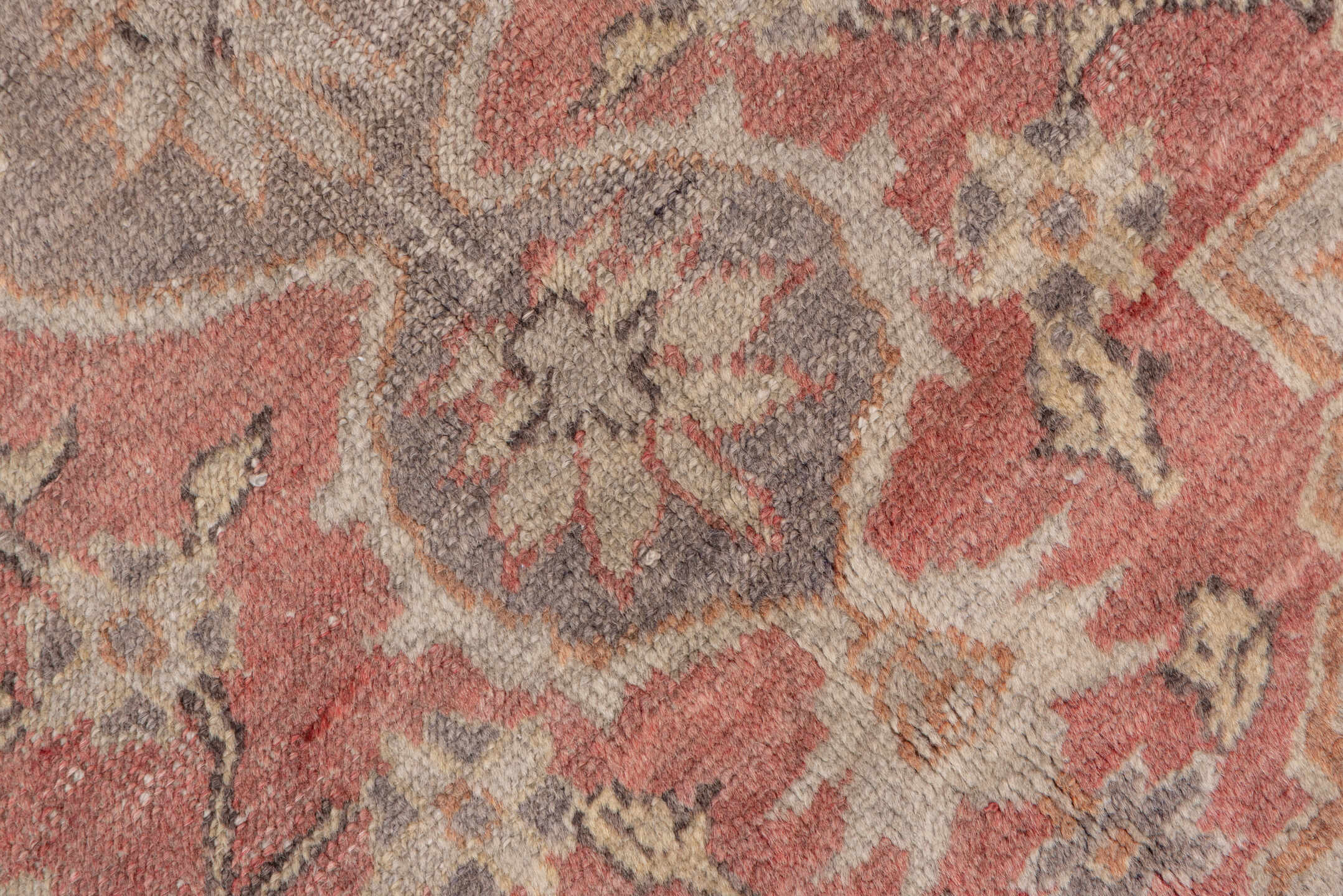 4' x 6' one-of-a-kind handmade vintage Oushak small size rug. Color palette: rose, taupe, ivory, gray, terra cotta, beige