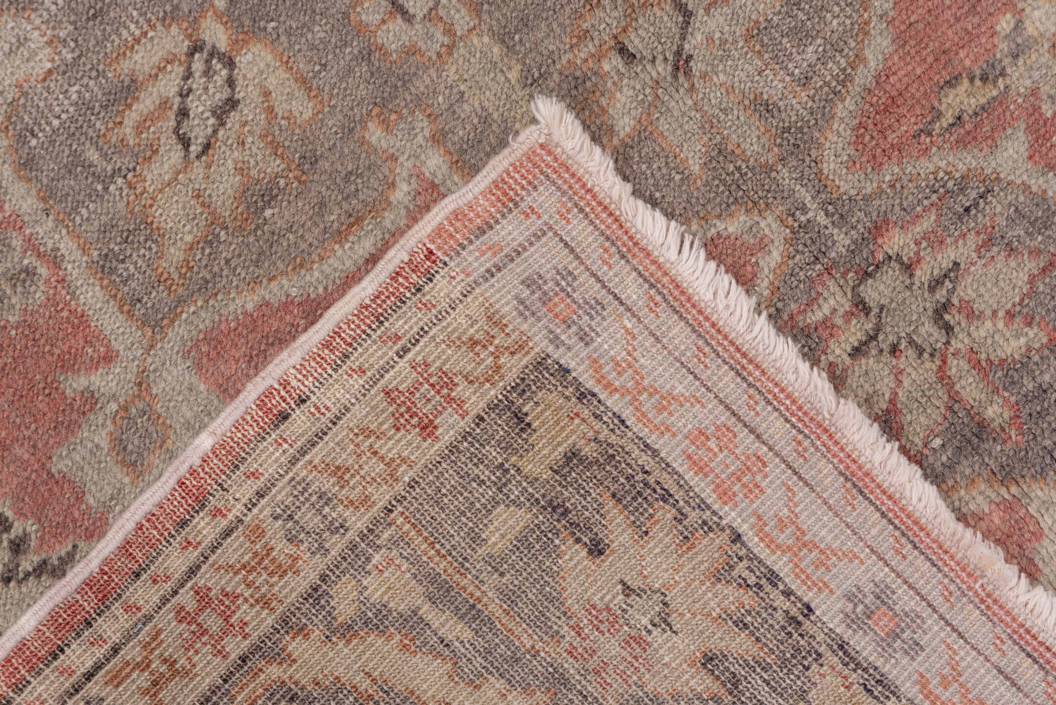 4' x 6' one-of-a-kind handmade vintage Oushak small size rug. Color palette: rose, taupe, ivory, gray, terra cotta, beige