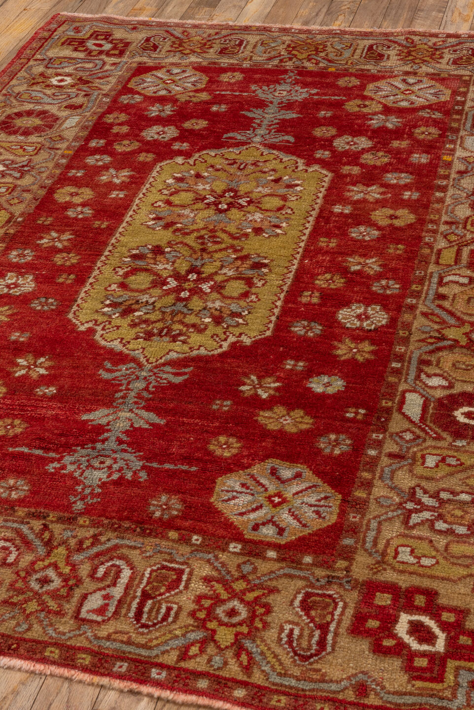 3' x 5' one-of-a-kind handmade vintage Oushak small size rug. Color palette: red, ivory, rust, gold, camel, burgundy, taupe