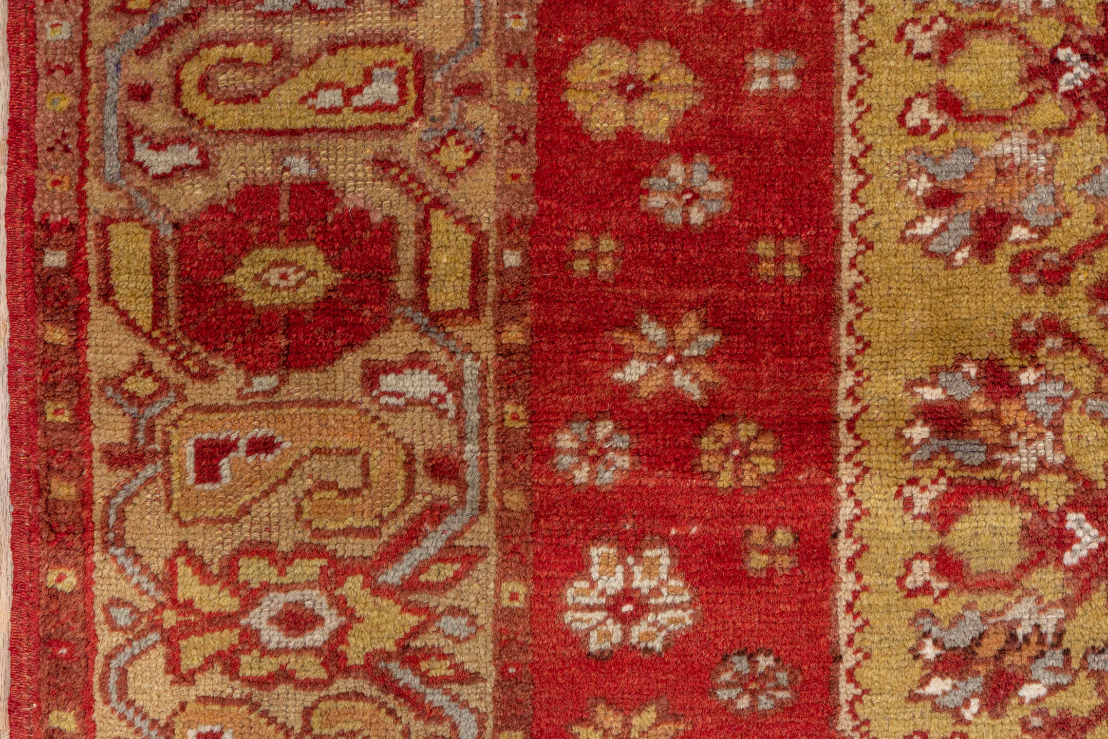 3' x 5' one-of-a-kind handmade vintage Oushak small size rug. Color palette: red, ivory, rust, gold, camel, burgundy, taupe