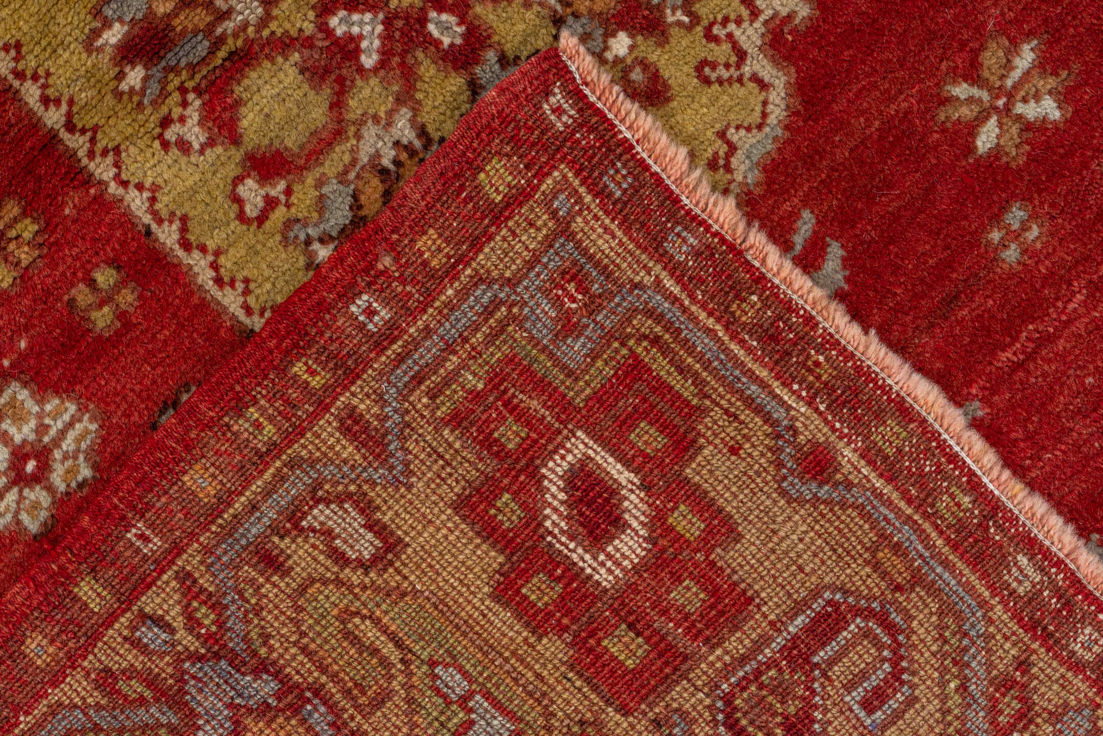 3' x 5' one-of-a-kind handmade vintage Oushak small size rug. Color palette: red, ivory, rust, gold, camel, burgundy, taupe
