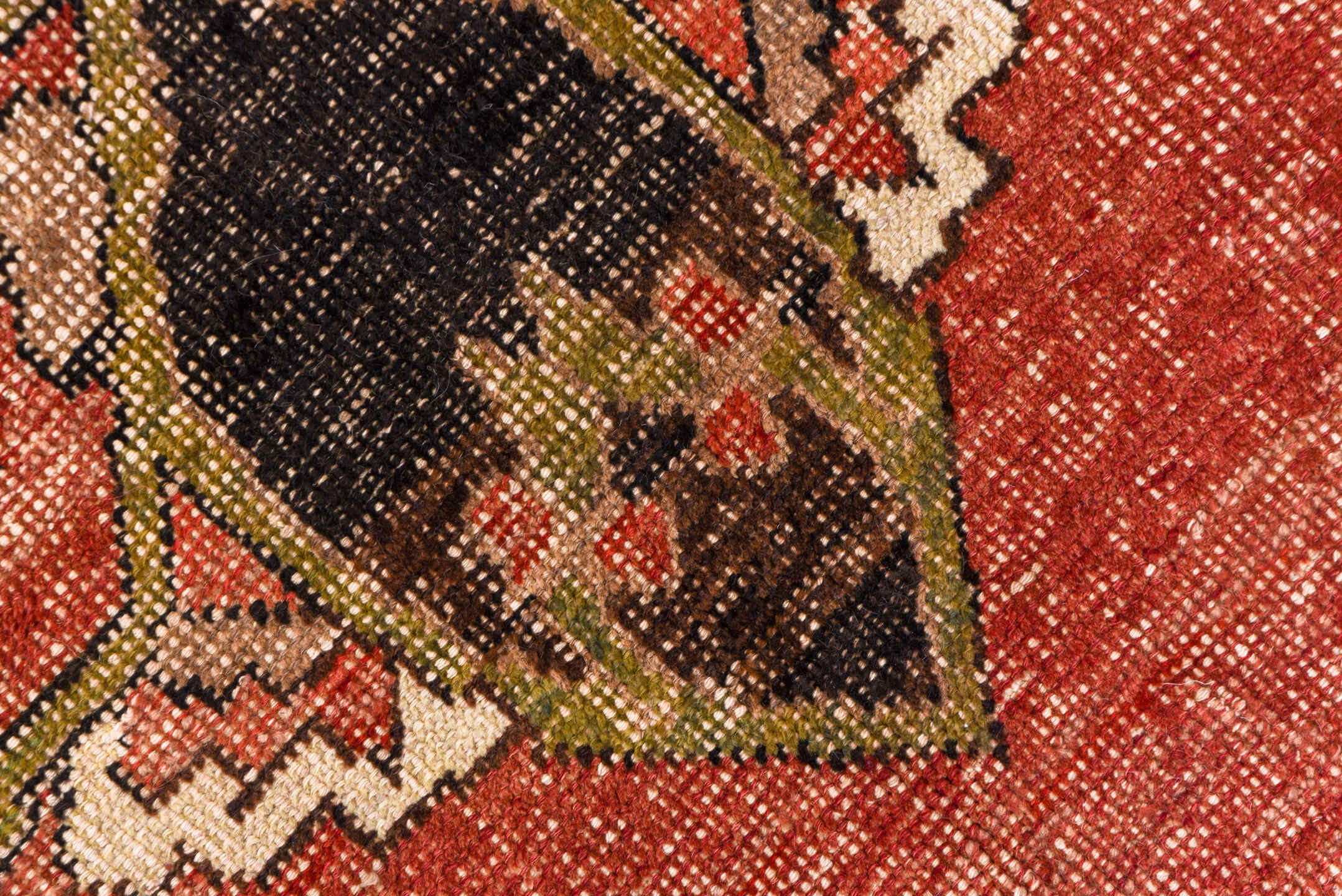 8' x 12' one-of-a-kind handmade vintage Oushak large size rug. Color palette: coral, olive, ivory, charcoal, rose, taupe