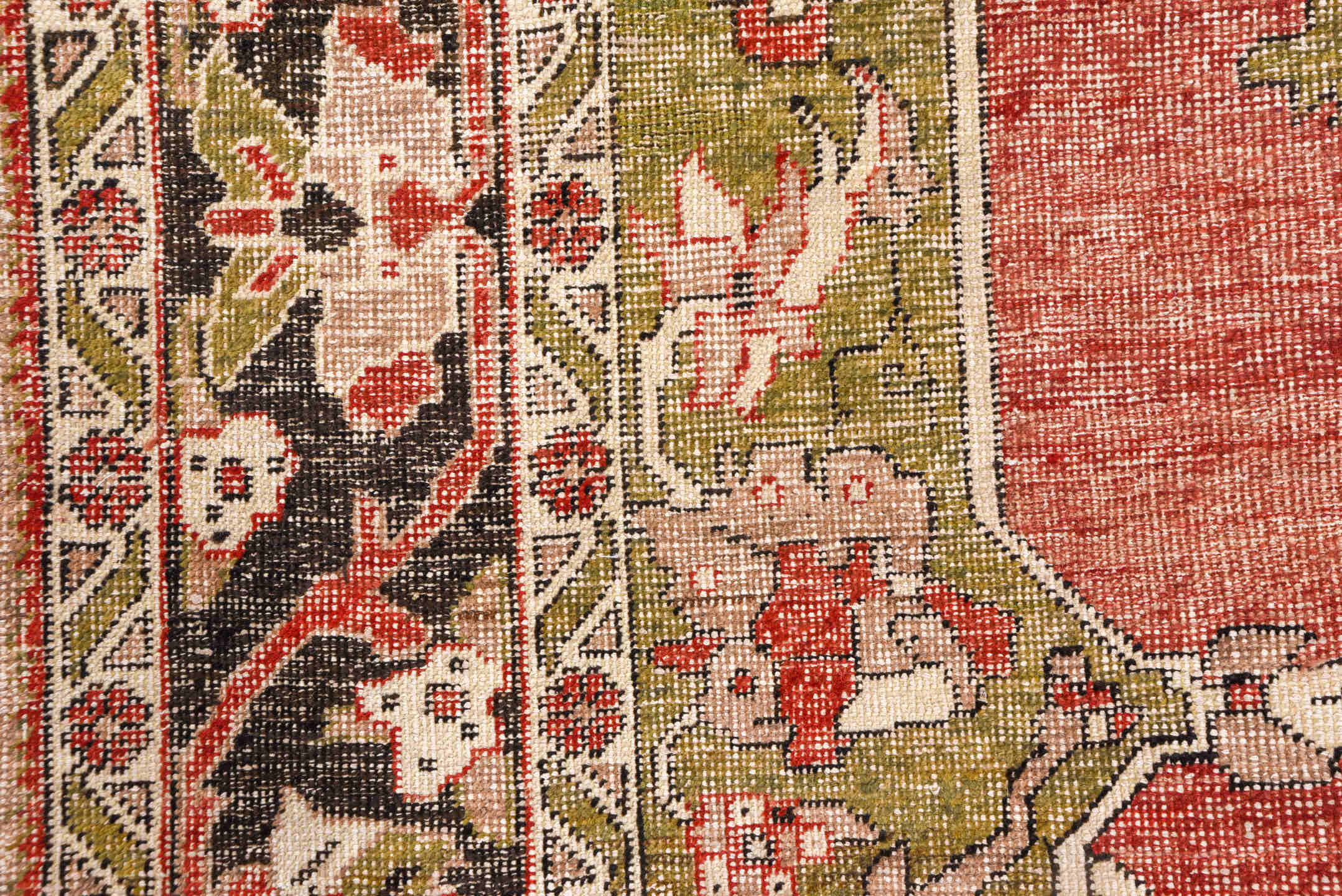 8' x 12' one-of-a-kind handmade vintage Oushak large size rug. Color palette: coral, olive, ivory, charcoal, rose, taupe