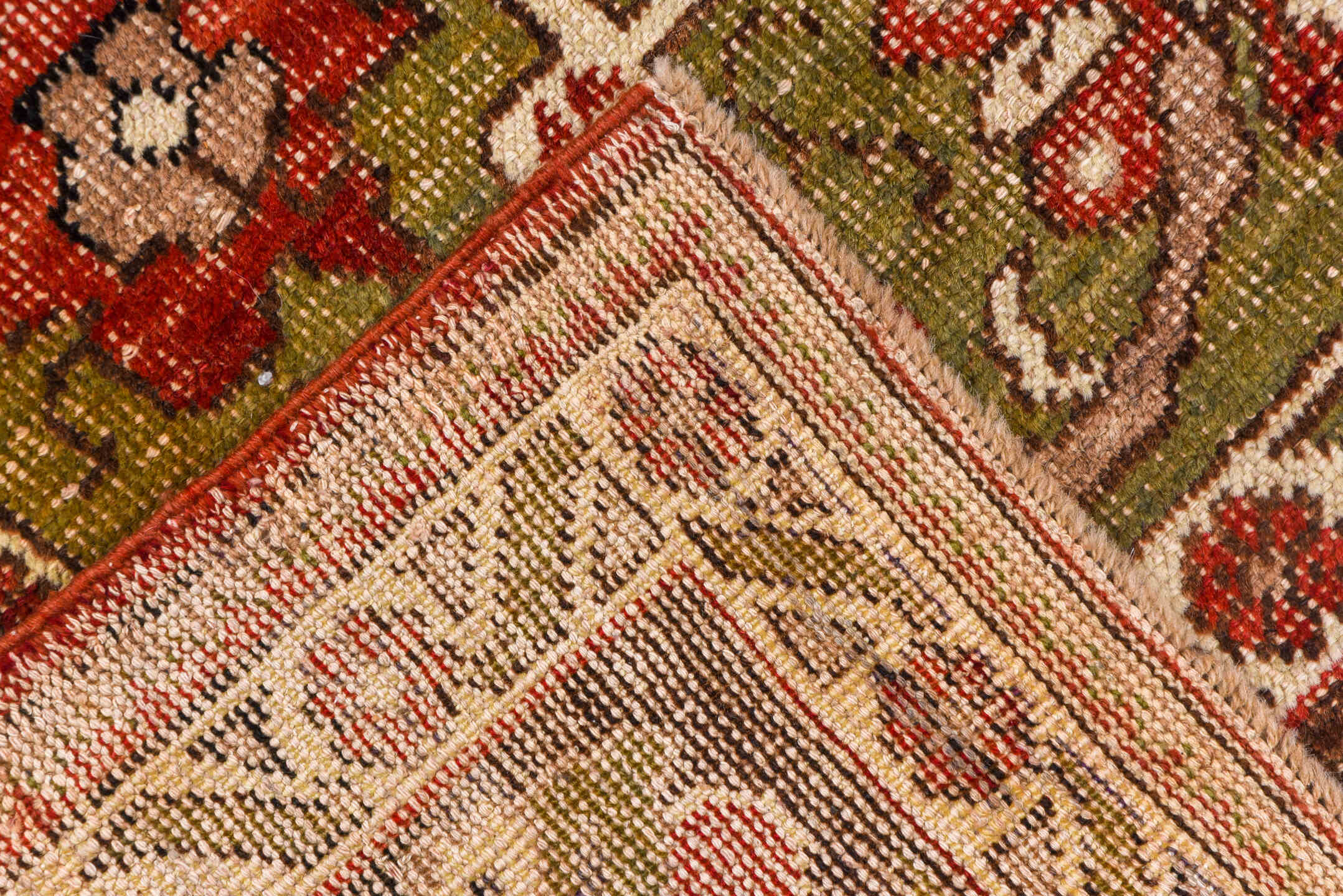 8' x 12' one-of-a-kind handmade vintage Oushak large size rug. Color palette: coral, olive, ivory, charcoal, rose, taupe