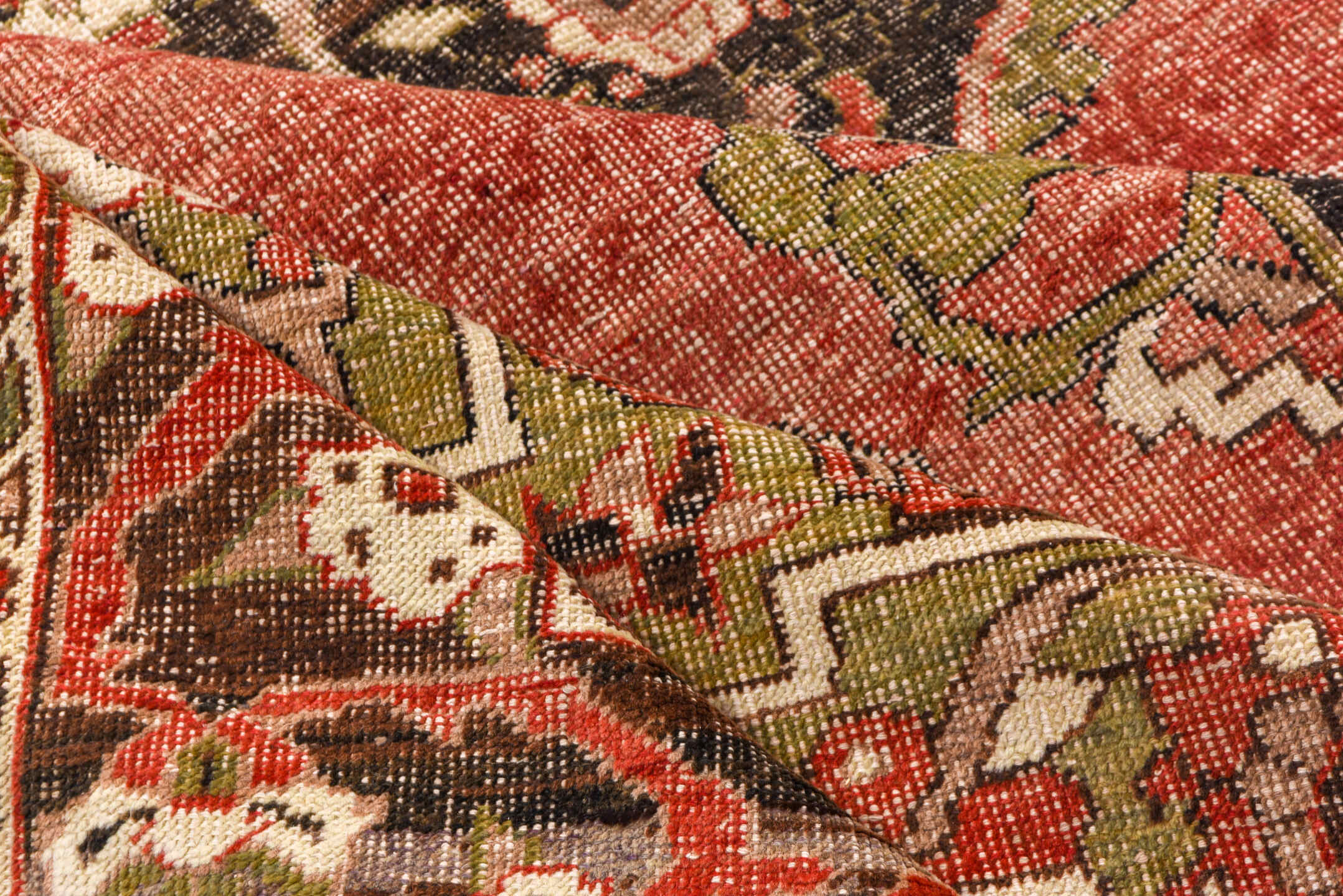 8' x 12' one-of-a-kind handmade vintage Oushak large size rug. Color palette: coral, olive, ivory, charcoal, rose, taupe